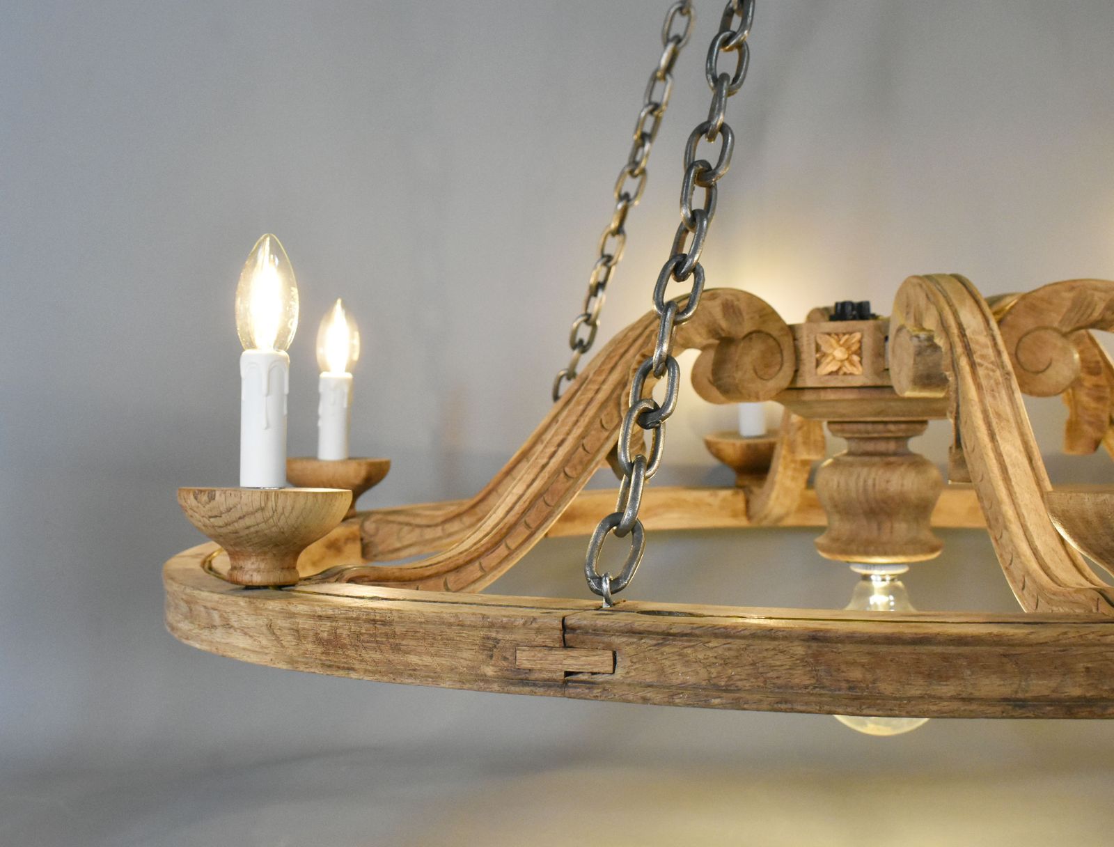 Large French Chandelier In Oak Louis XVI Style With Six Arms photo vinterior
