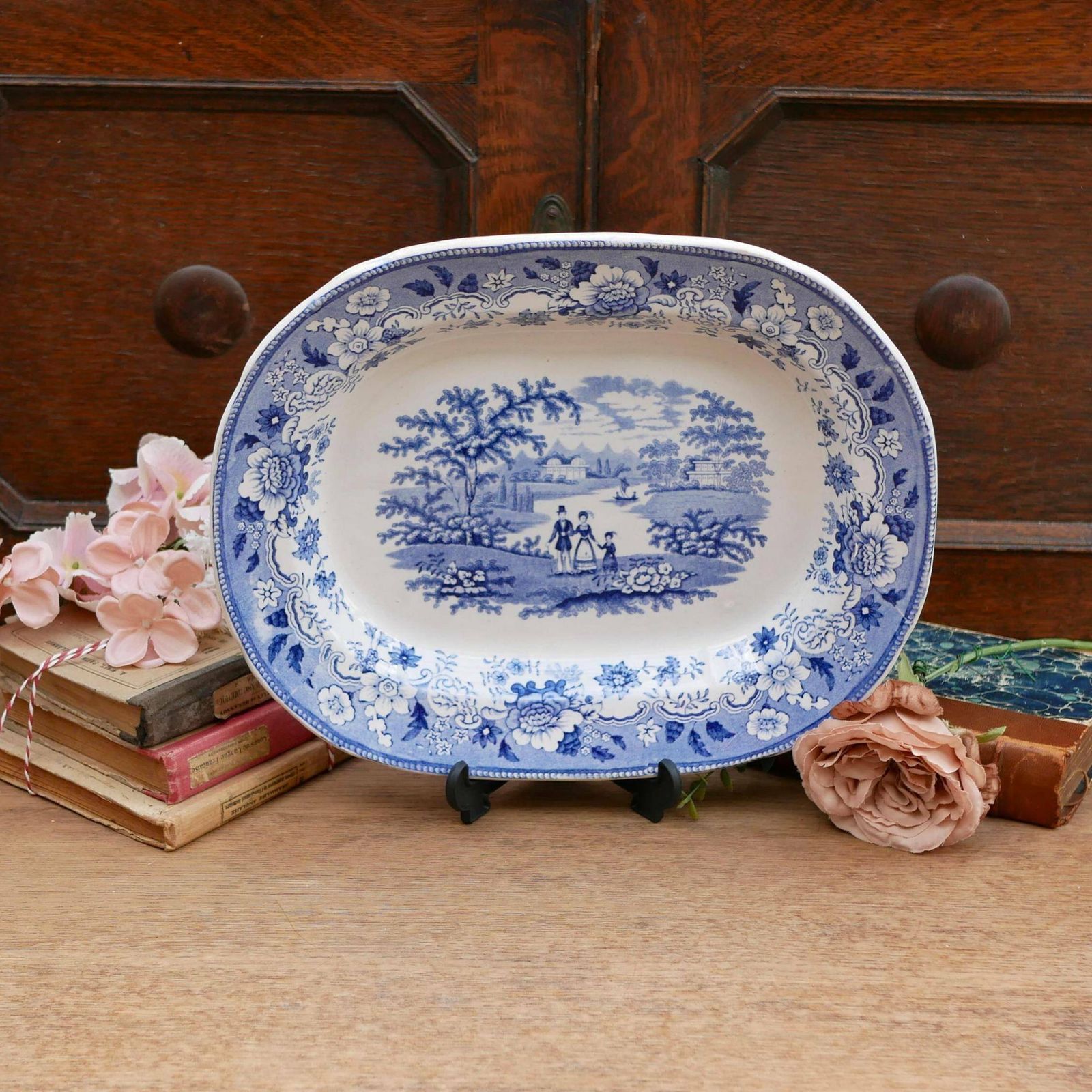 Antique English Ironstone 19th Century Blue & White Meat Platter Serving Dish Featuring Eton College Decorative Collectable China Ceramic