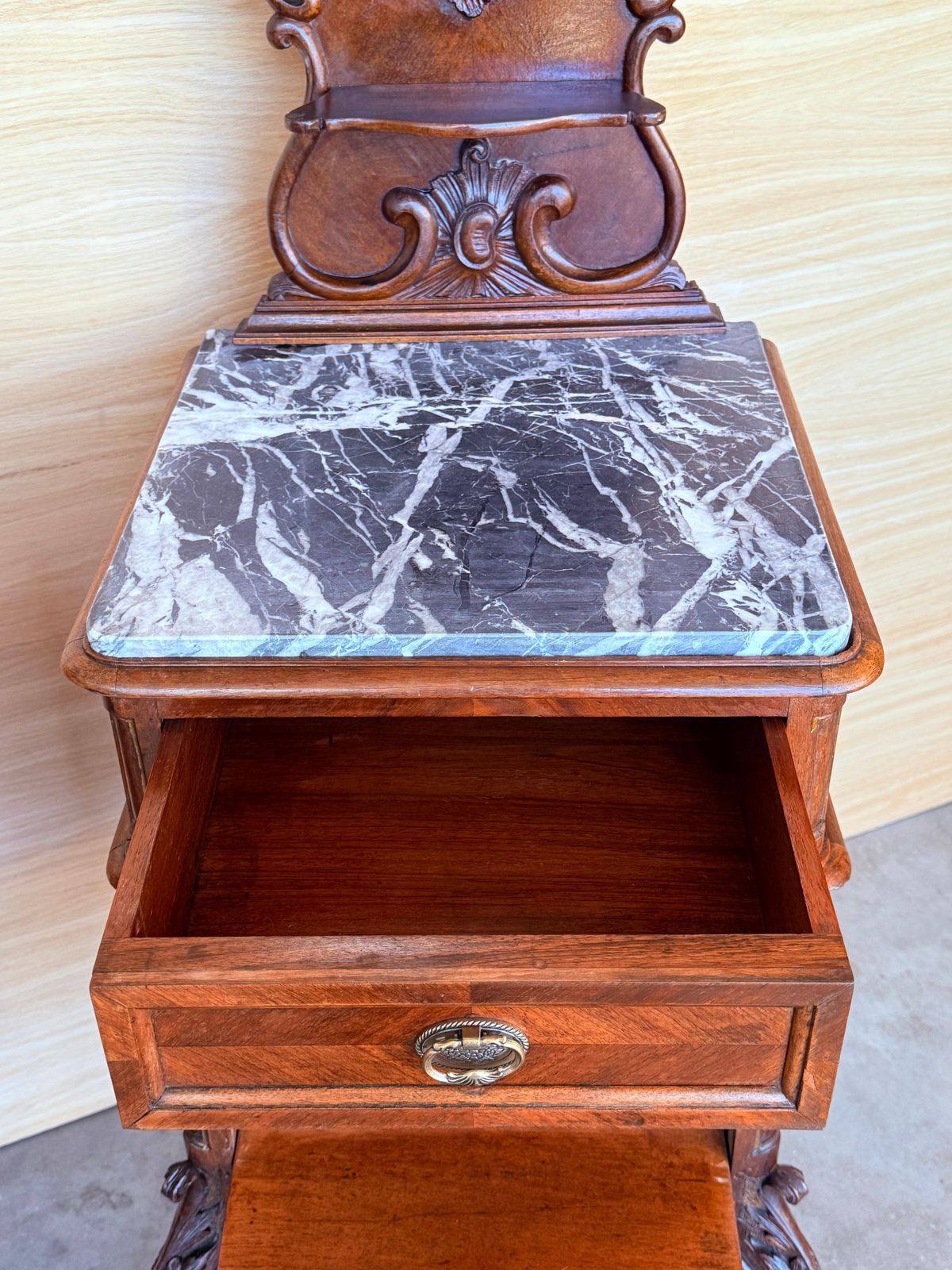 Antique French Mahogany Night Stands With Marble Top And Crest, 1900 photo vintage