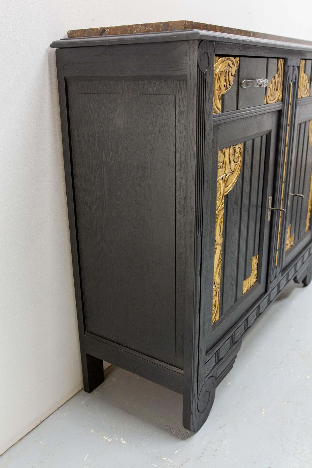 Art Deco Credenza Sideboard French Black & Golden Refinished Buffet, Circa 1930 photo Furniture