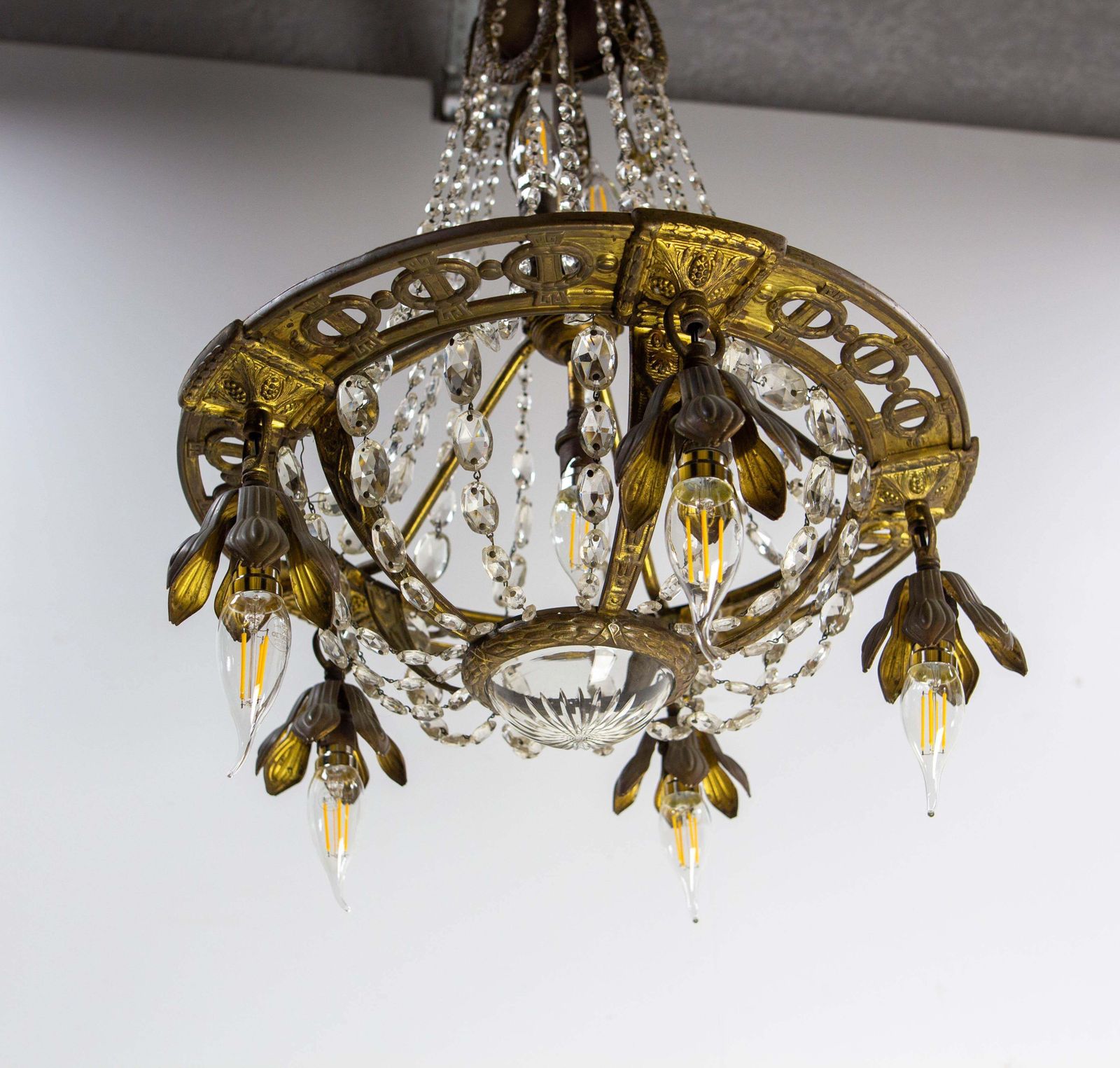1023.0 French Brass Chandelier With Crystal Drops Ceiling Pendant Midcentury Circa 1900 photo