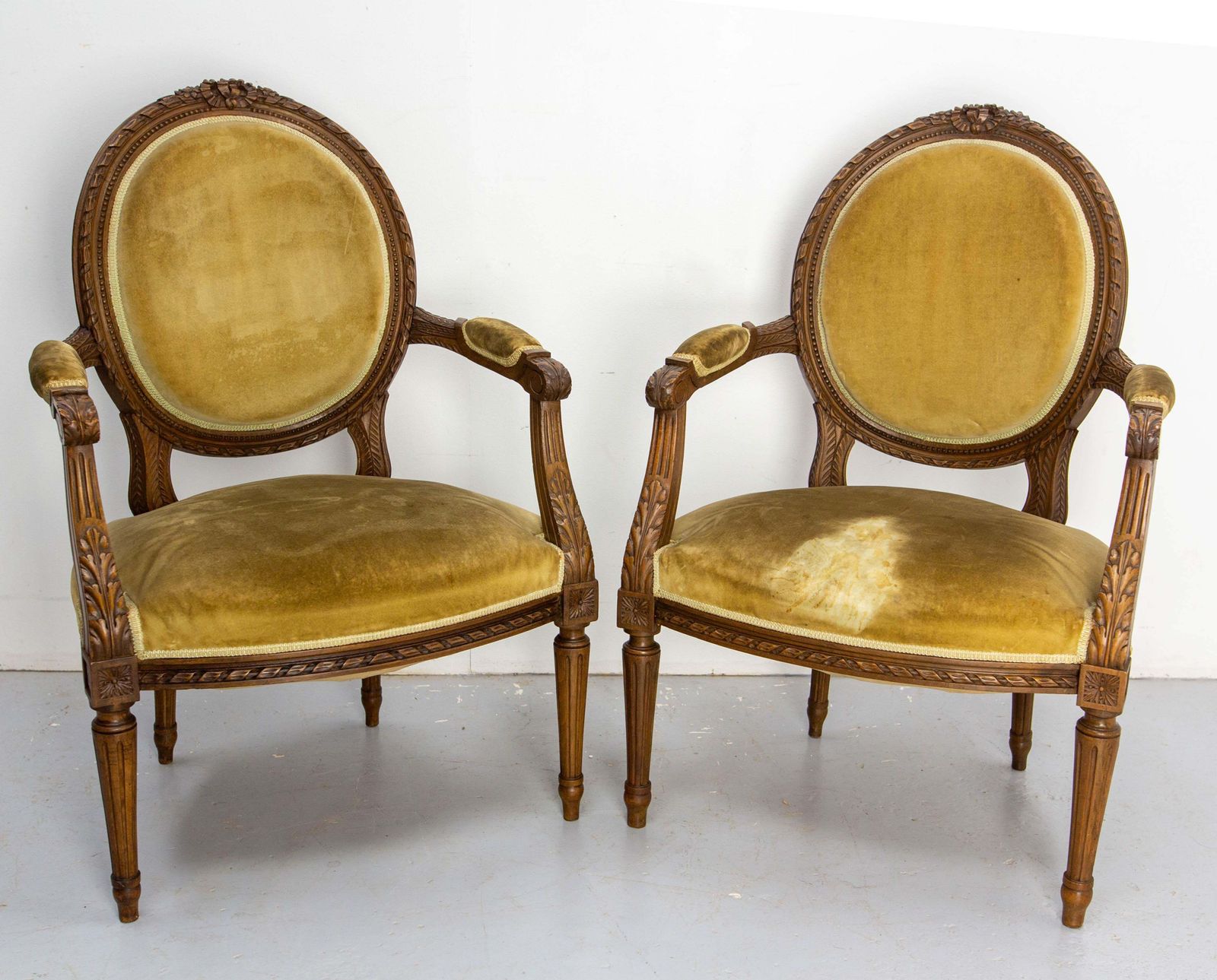Pair Of French Open Armchairs Louis XVI Medallion Fauteuils, Circa 1900 photo for sale