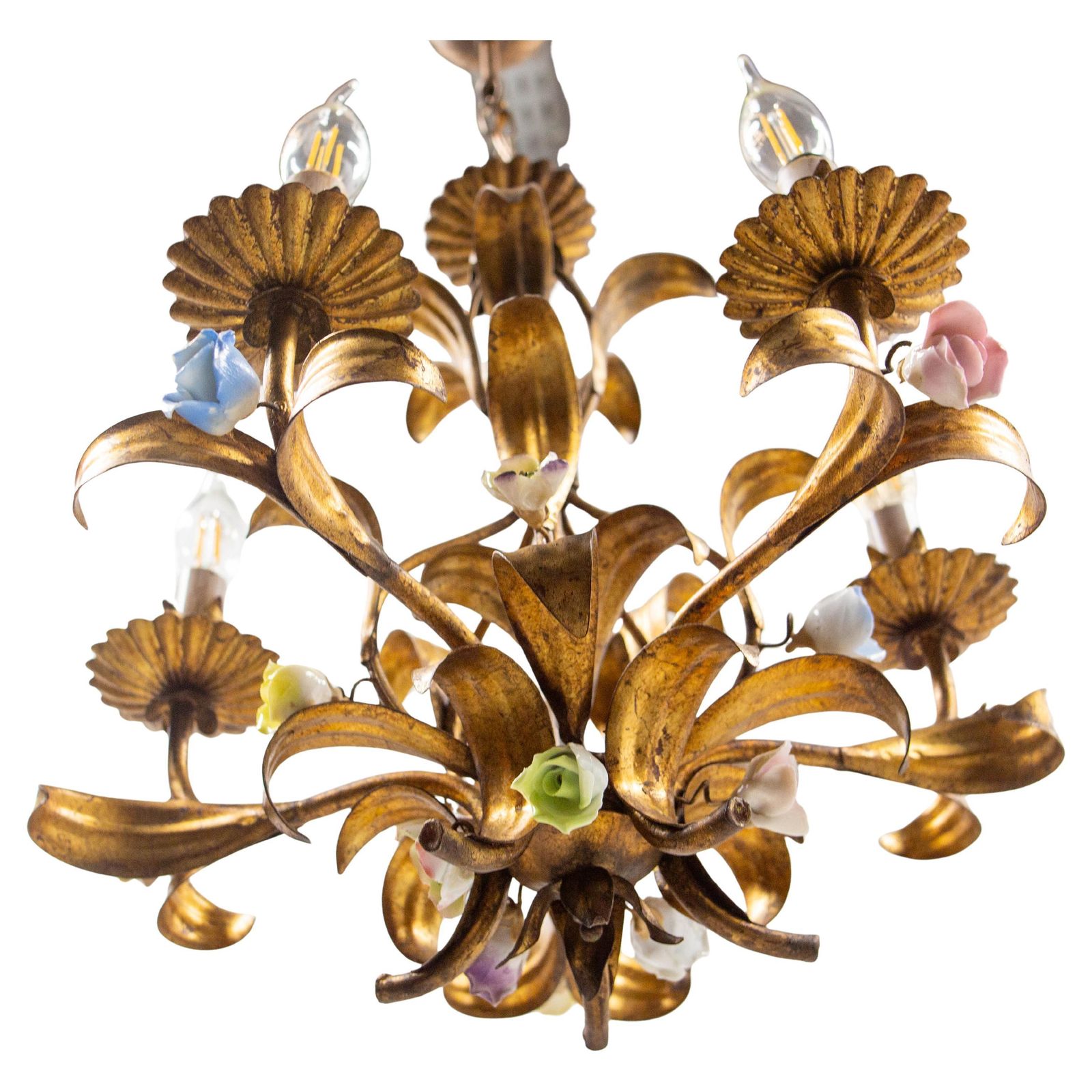 French Chandelier Golden Metal Porcelain Flowers Ceiling Pendant, C 1950 photo furniture