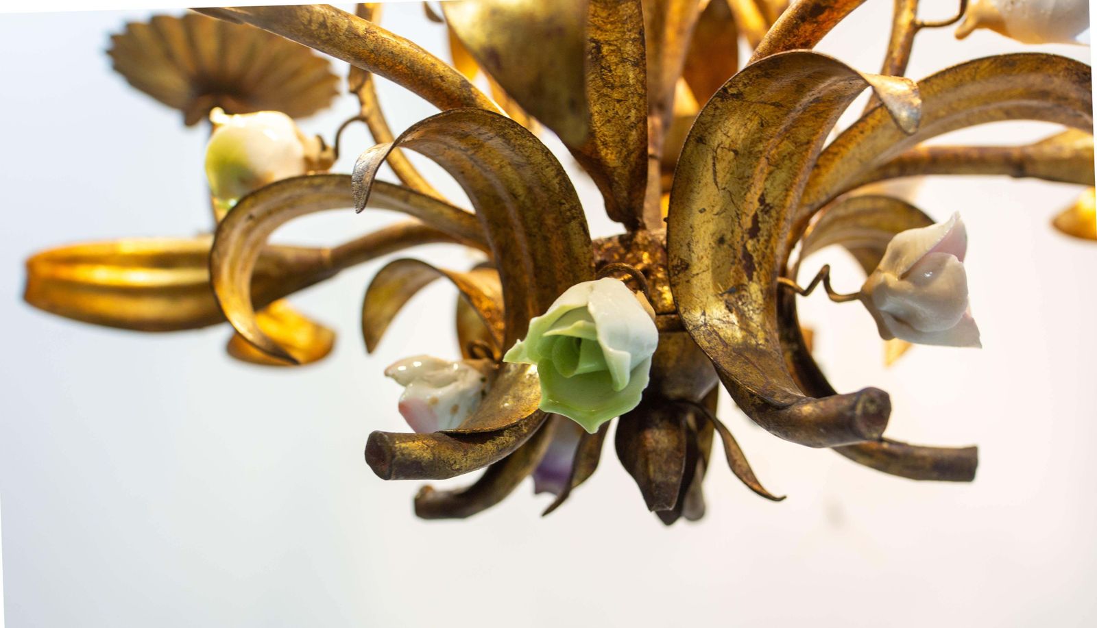 photo for sale French Chandelier Golden Metal Porcelain Flowers Ceiling Pendant, C 1950
