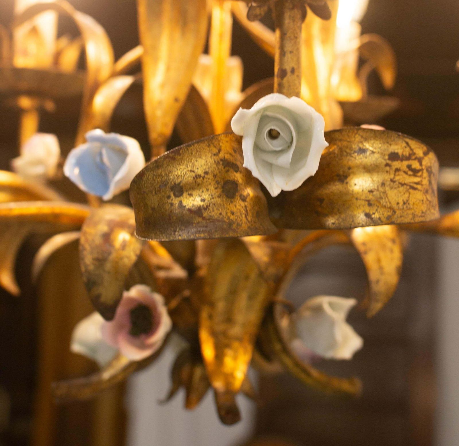Lighting French Chandelier Golden Metal Porcelain Flowers Ceiling Pendant, C 1950 photo