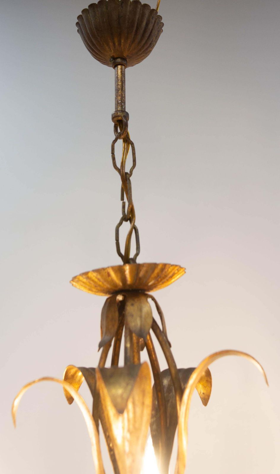 photo buy French Chandelier Golden Metal Porcelain Flowers Ceiling Pendant, C 1950