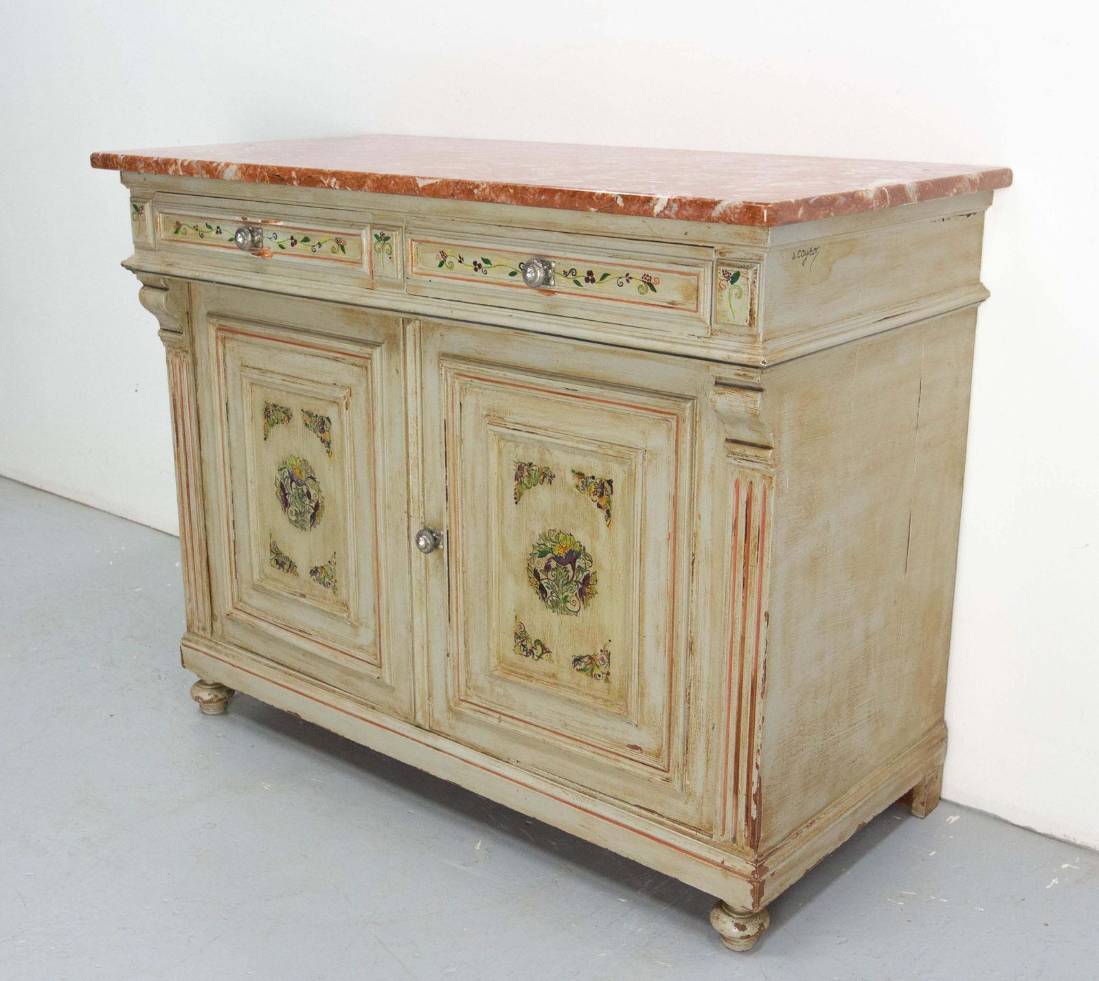 Painted Wood & Marble Top Buffet Patinated & Decorared Cabinet, French, C 1900 photo for sale