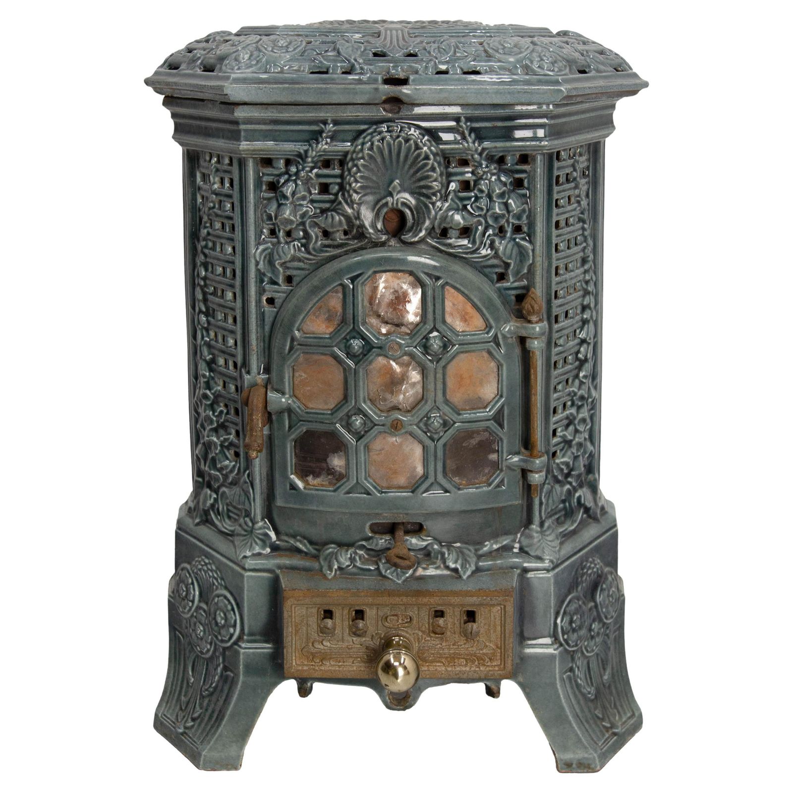 French Small Art Deco Blue Enamelled Cast Iron Wood/Coal Stove