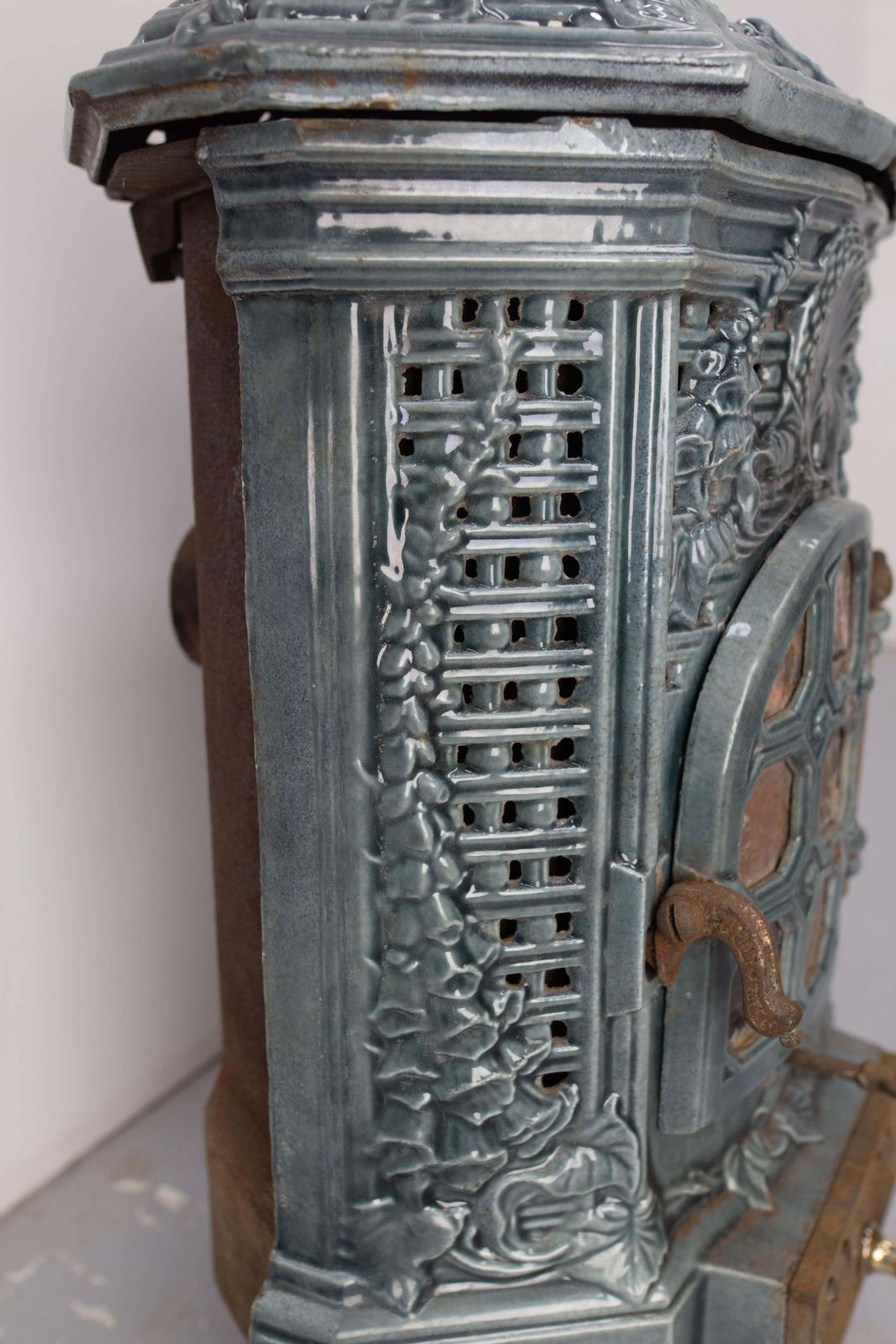 French Small Art Deco Blue Enamelled Cast Iron Wood/Coal Stove photo vinterior