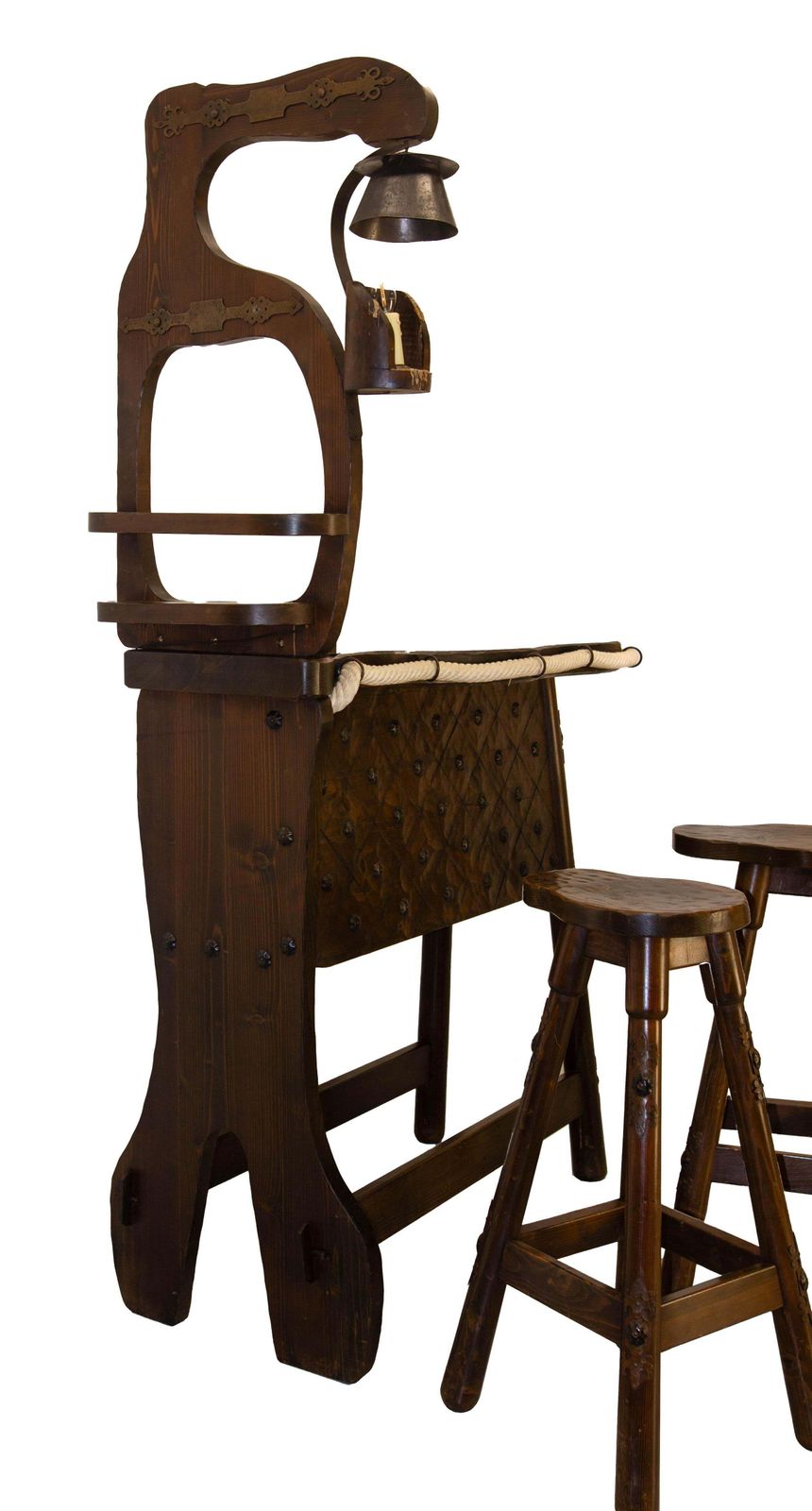 Furniture French Vintage Dry Bar Counter Spanish Style Pine Rope & Studs Two Stools C 1960 photo