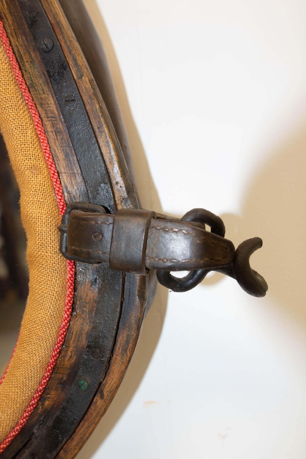 French Draught Horse Yoke Collar Mirror Leather Wood Iron 19th Century photo 998.0