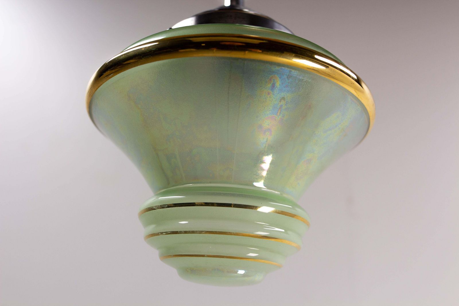 French Art Deco Chandelier Green Art Glass & Aluminium Ceiling Pendant, C 1920 photo Lighting
