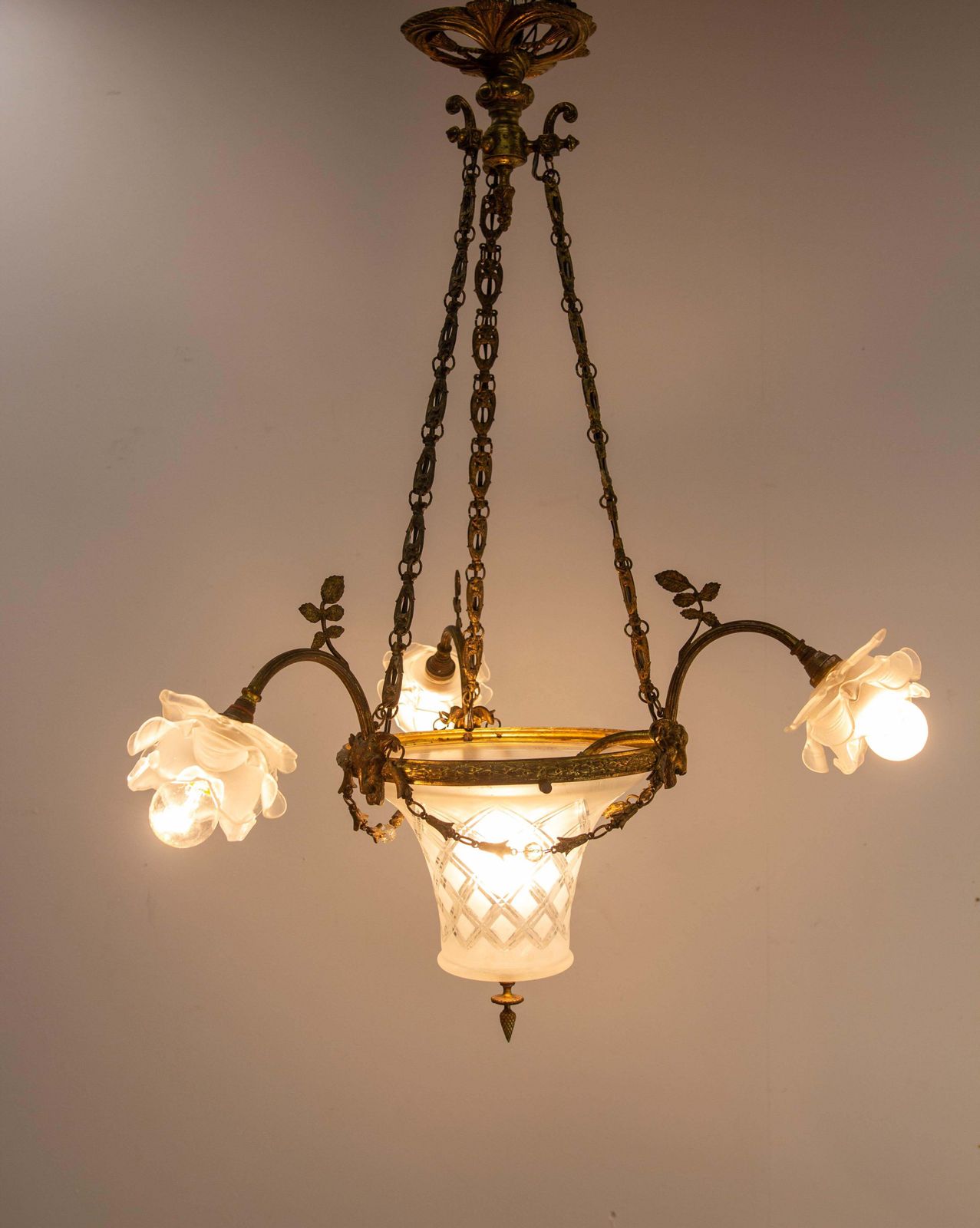 French Lustre Brass & Frozen Glass Ceiling Pendant Chandelier Circa 1910 photo for sale