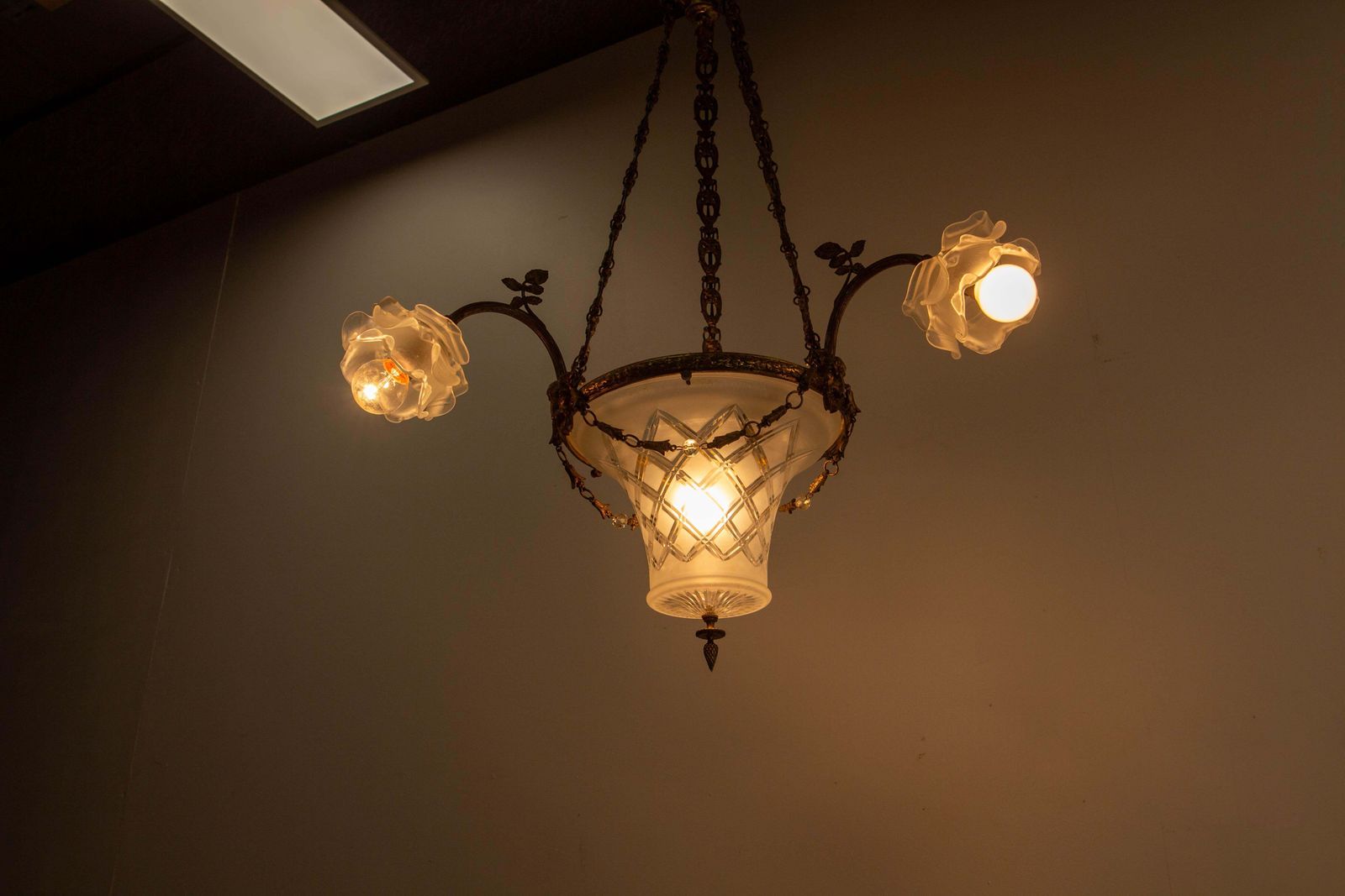 French Lustre Brass & Frozen Glass Ceiling Pendant Chandelier Circa 1910 photo Lighting