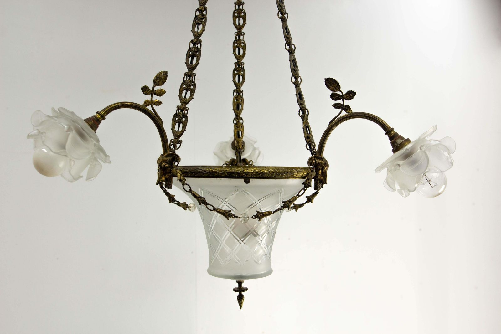 French Lustre Brass & Frozen Glass Ceiling Pendant Chandelier Circa 1910 photo buy