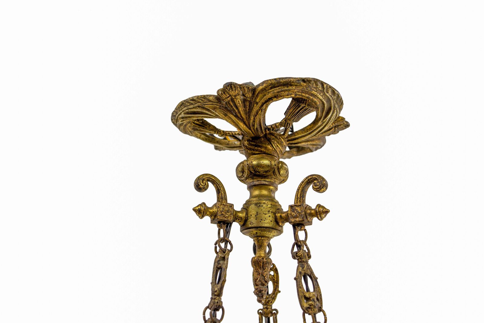 photo for sale French Lustre Brass & Frozen Glass Ceiling Pendant Chandelier Circa 1910
