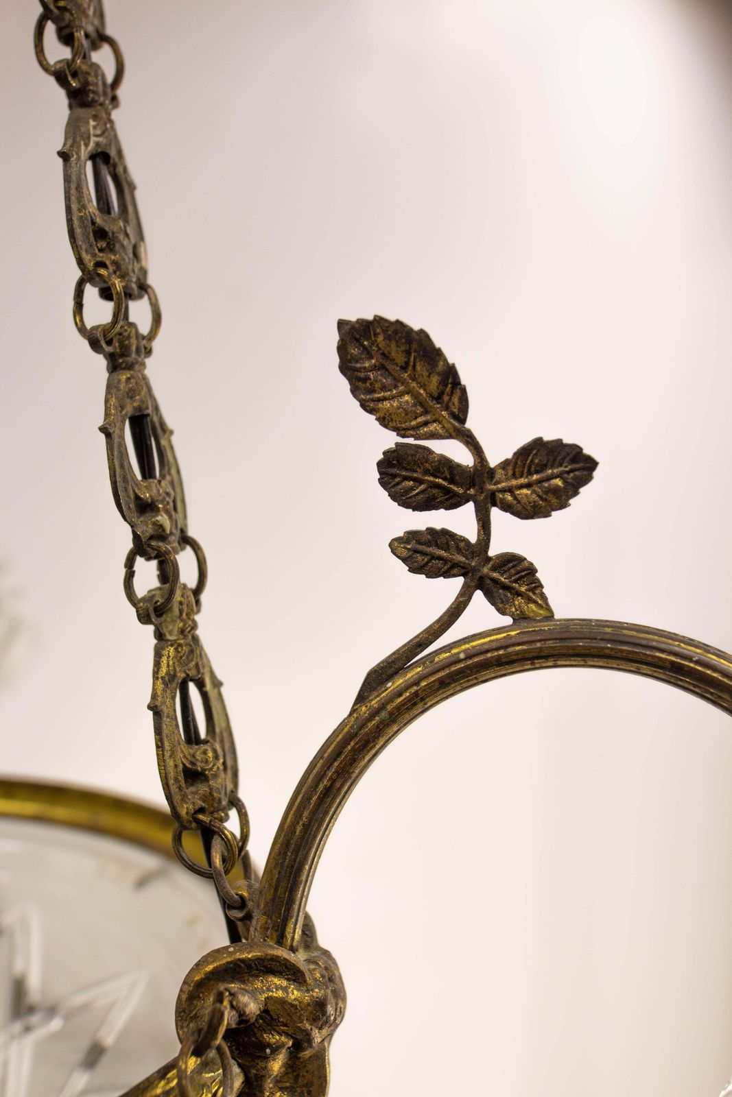 Lighting French Lustre Brass & Frozen Glass Ceiling Pendant Chandelier Circa 1910 photo
