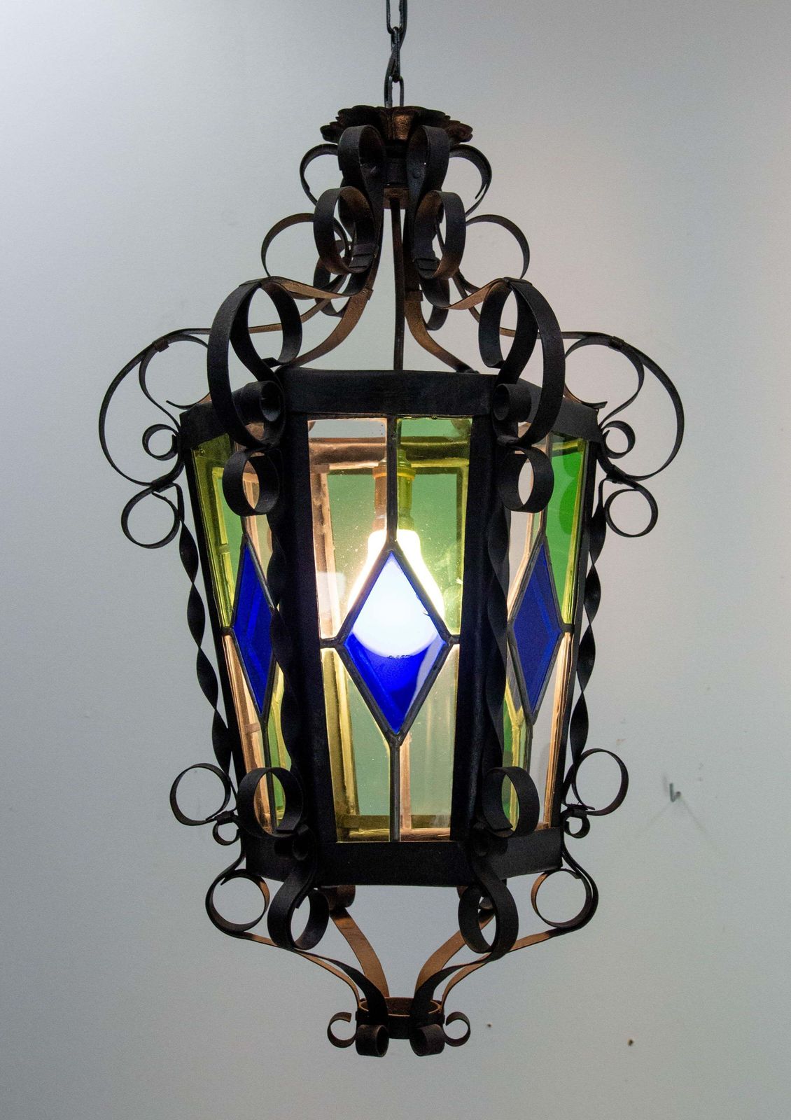 French Lustre Colored Glass & Wrought Iron Ceiling Pendant Chandelier Late 19thc photo furniture