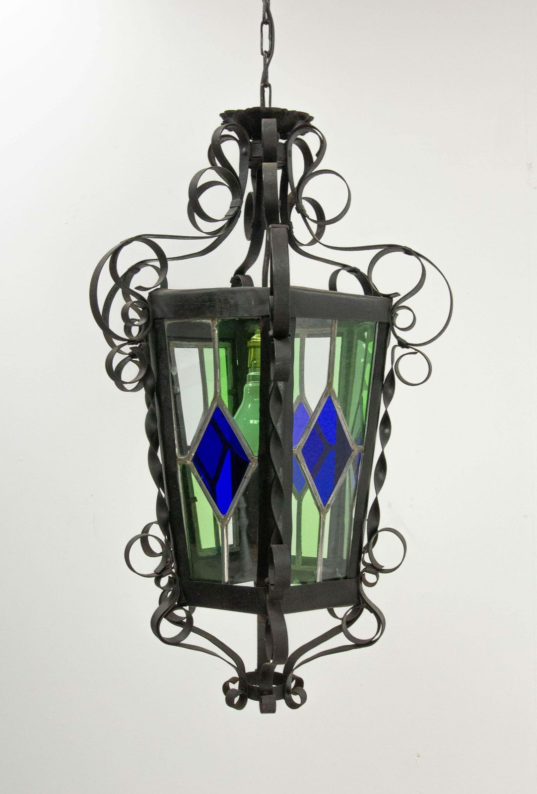 French Lustre Colored Glass & Wrought Iron Ceiling Pendant Chandelier Late 19thc photo Lighting