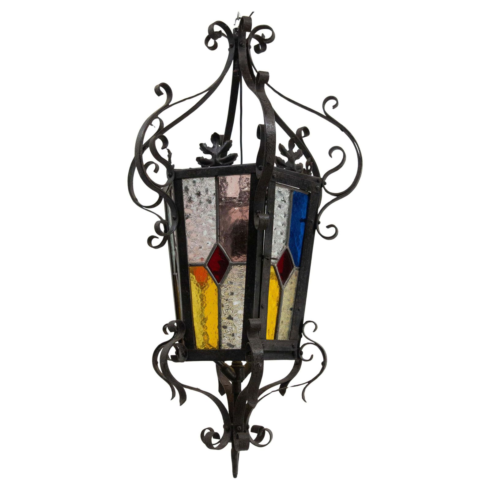 French Lustre Colored Glass & Wrought Iron Ceiling Pendant Chandelier Late 19thc