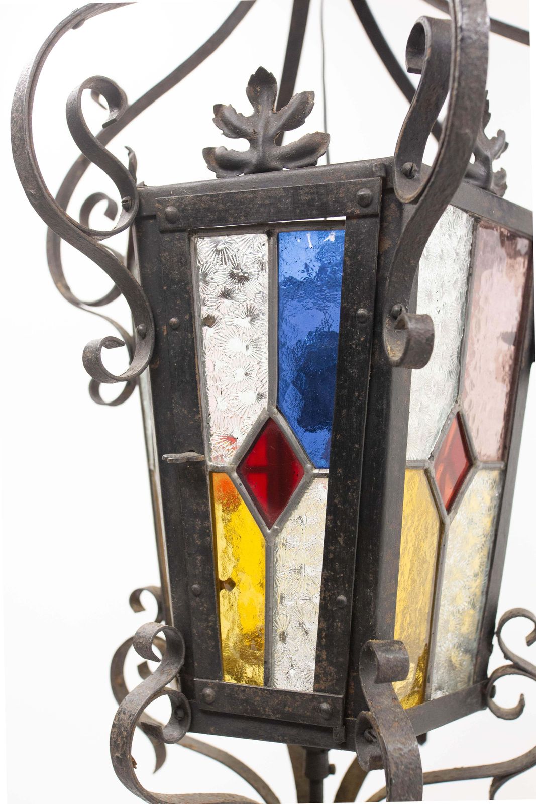 French Lustre Colored Glass & Wrought Iron Ceiling Pendant Chandelier Late 19thc photo Lighting