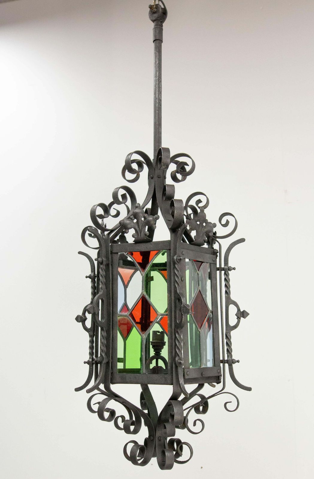 French Lustre Colored Glass & Wrought Iron Ceiling Pendant Chandelier Late 19thc photo furniture