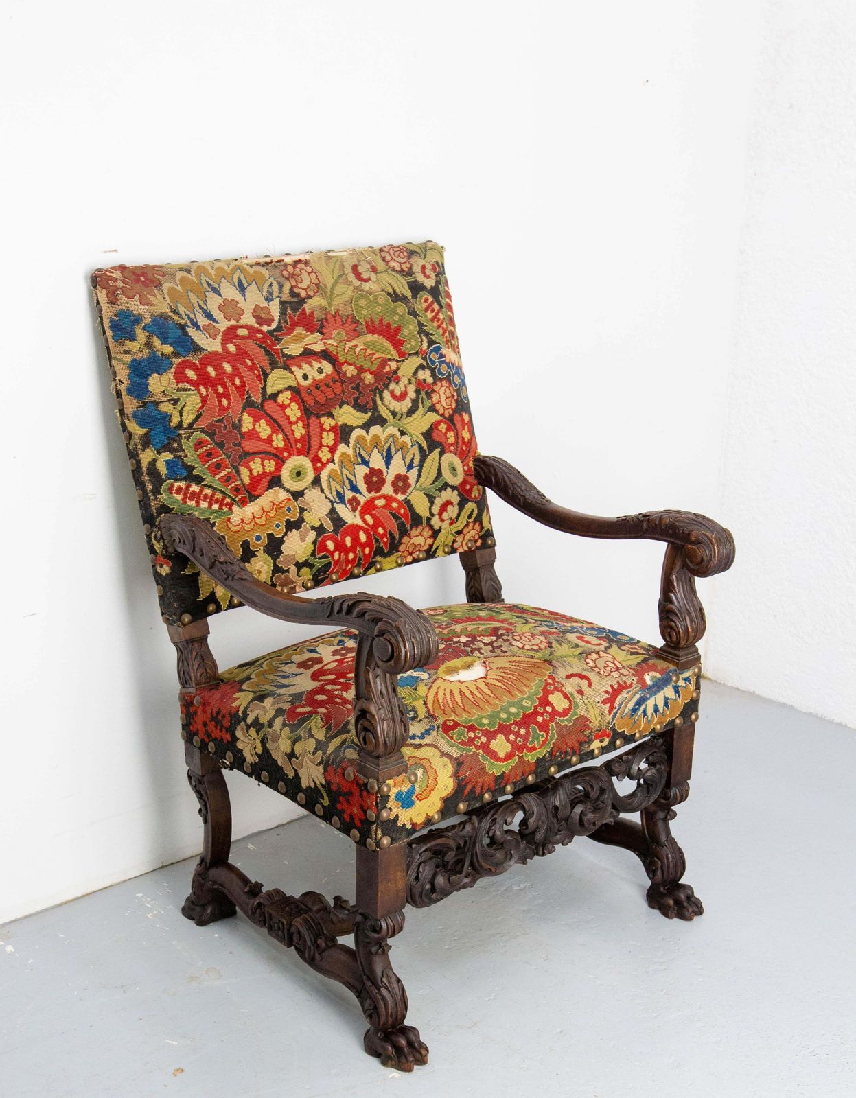 English Victorian Walnut Armchair Lion Paws Feet, Late 19th Century photo for sale