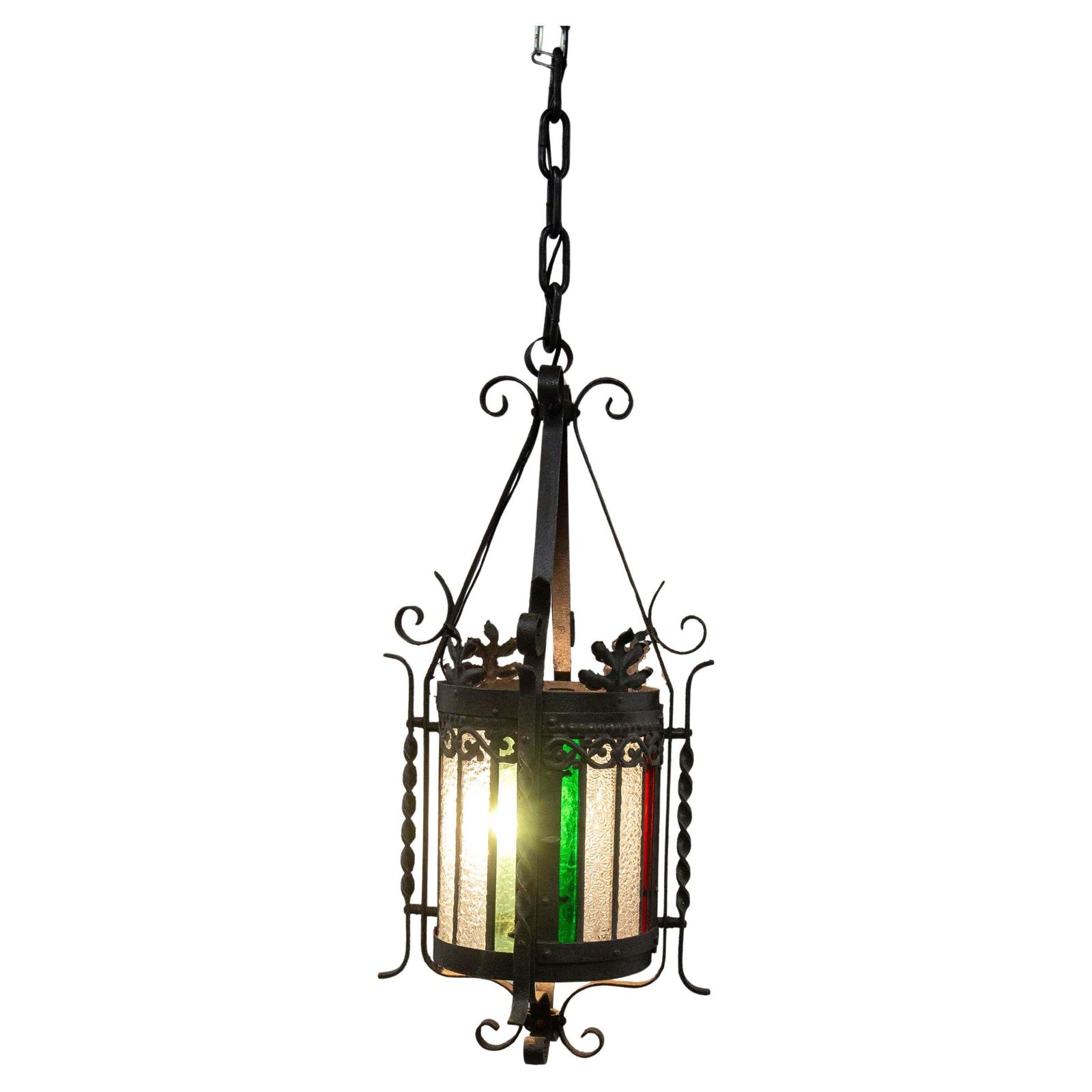 French Lustre Colored Glass & Wrought Iron Ceiling Pendant Chandelier Late 19thc