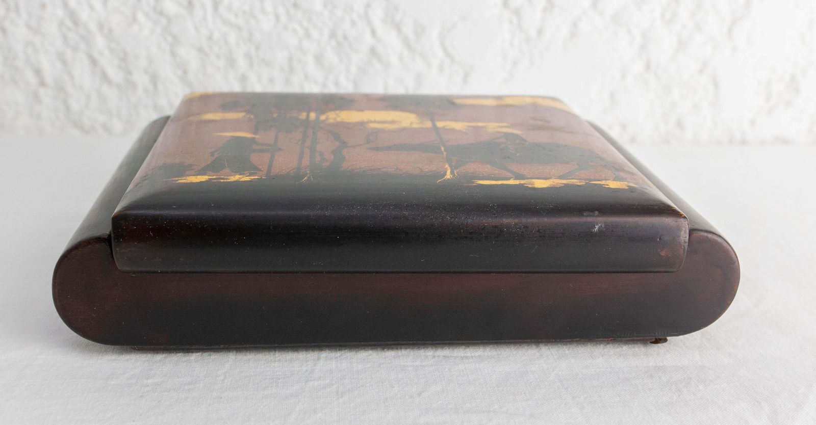 Lacquered Jewels Box, Scene Of Rural Life Wood Velvet & Mirror, Vietnam, C 1960 photo for sale