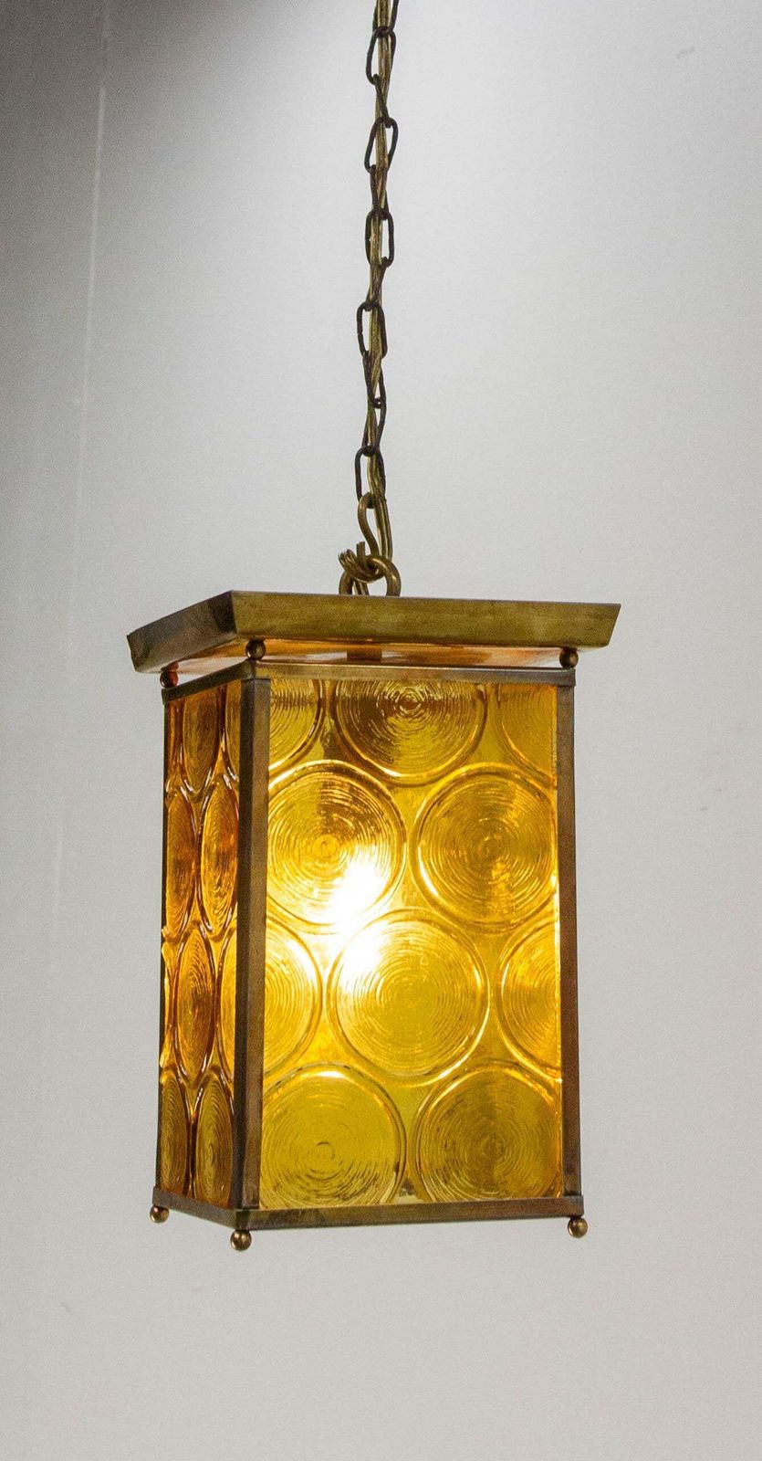 French Ceiling Lamp Brass Yellow Glass Pendant Lustre, Circa 1970 photo Lighting