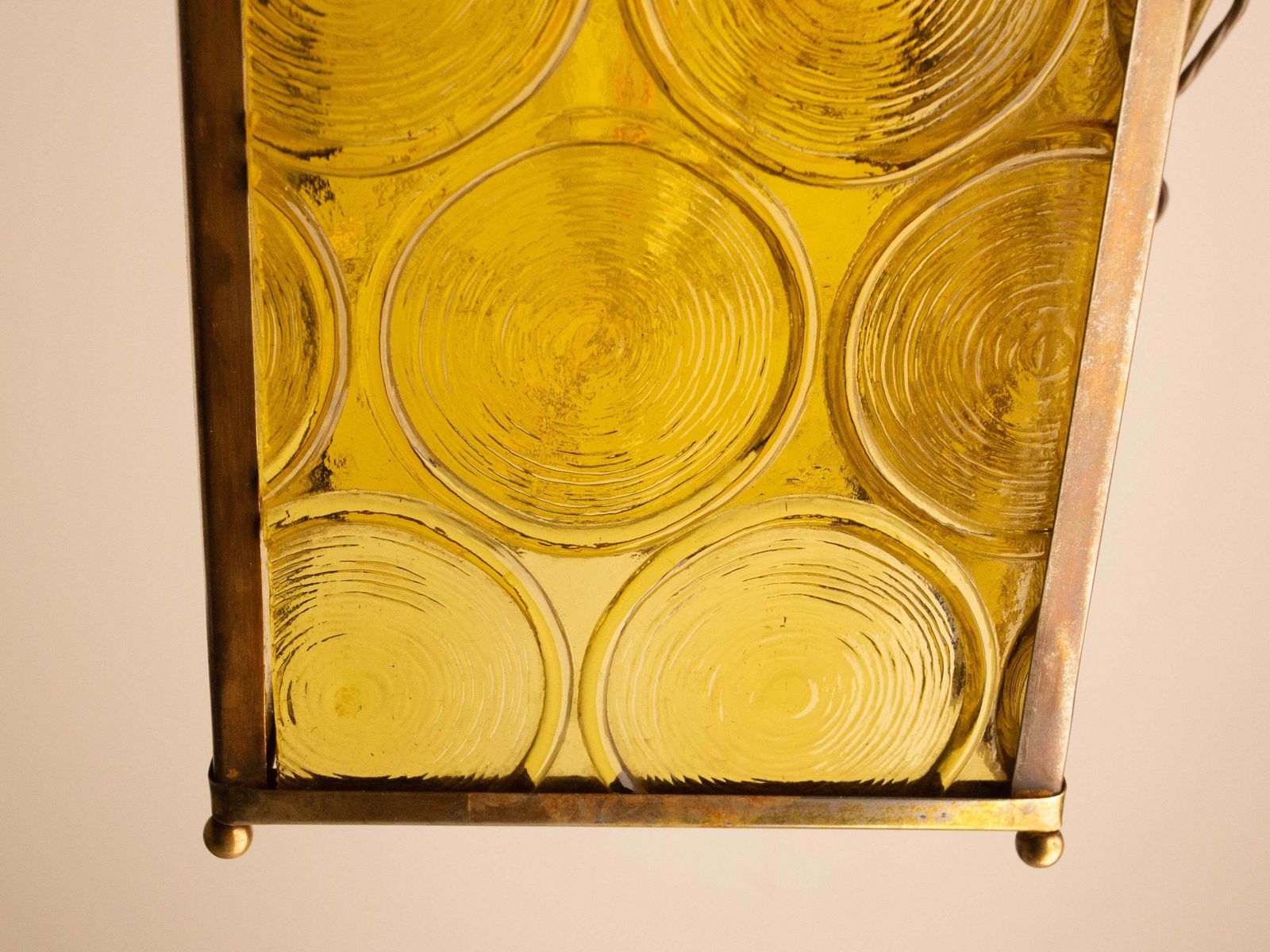 photo furniture French Ceiling Lamp Brass Yellow Glass Pendant Lustre, Circa 1970
