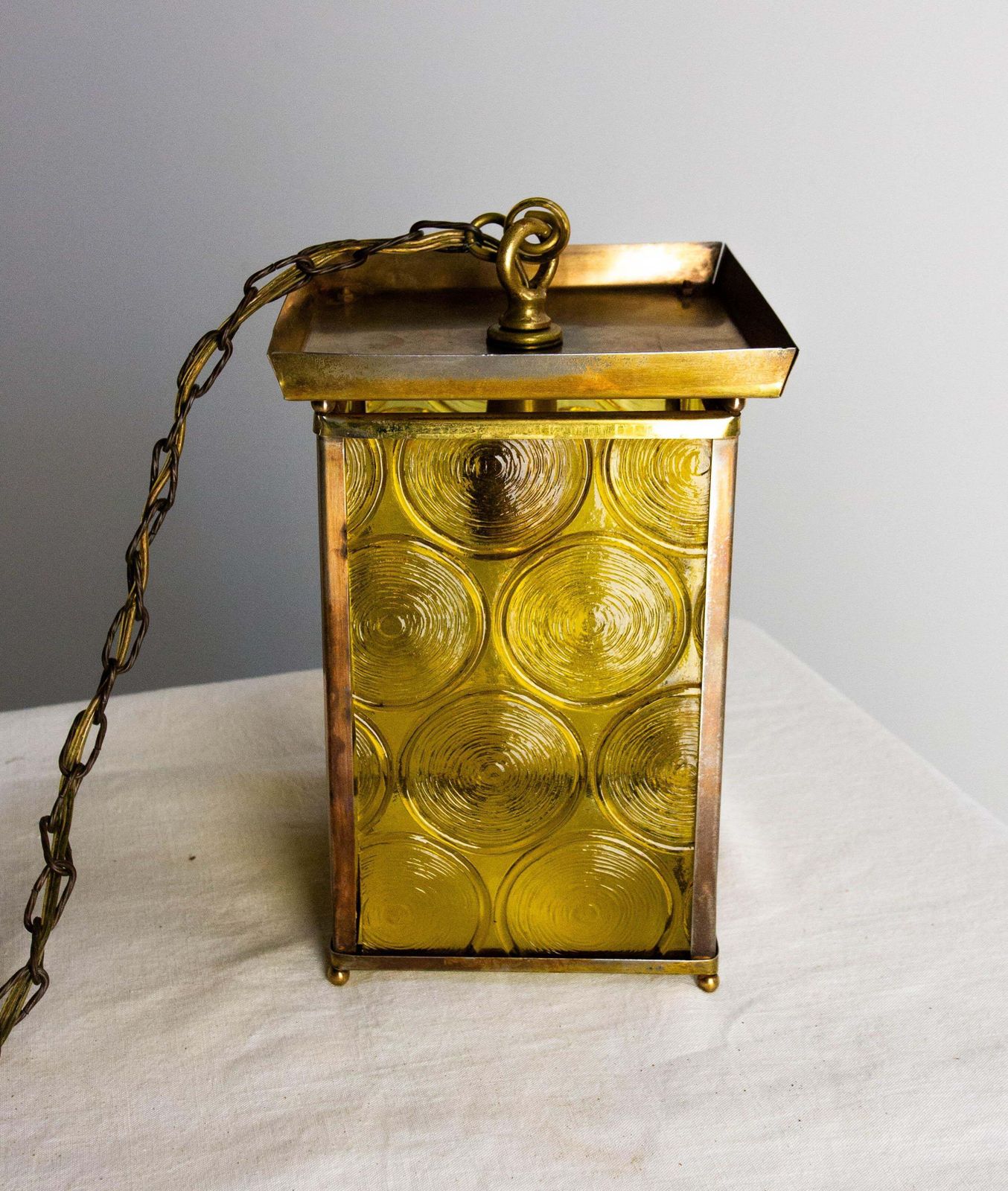 photo for sale French Ceiling Lamp Brass Yellow Glass Pendant Lustre, Circa 1970
