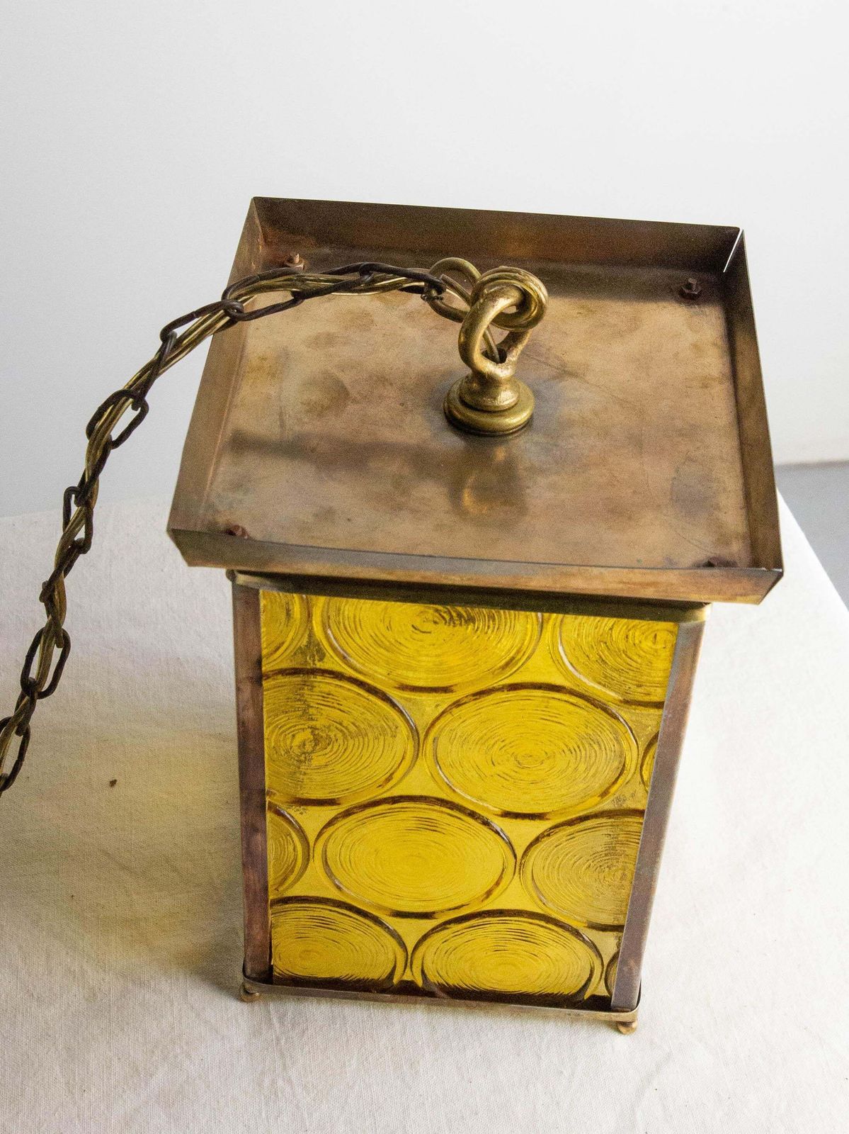 Lighting French Ceiling Lamp Brass Yellow Glass Pendant Lustre, Circa 1970 photo