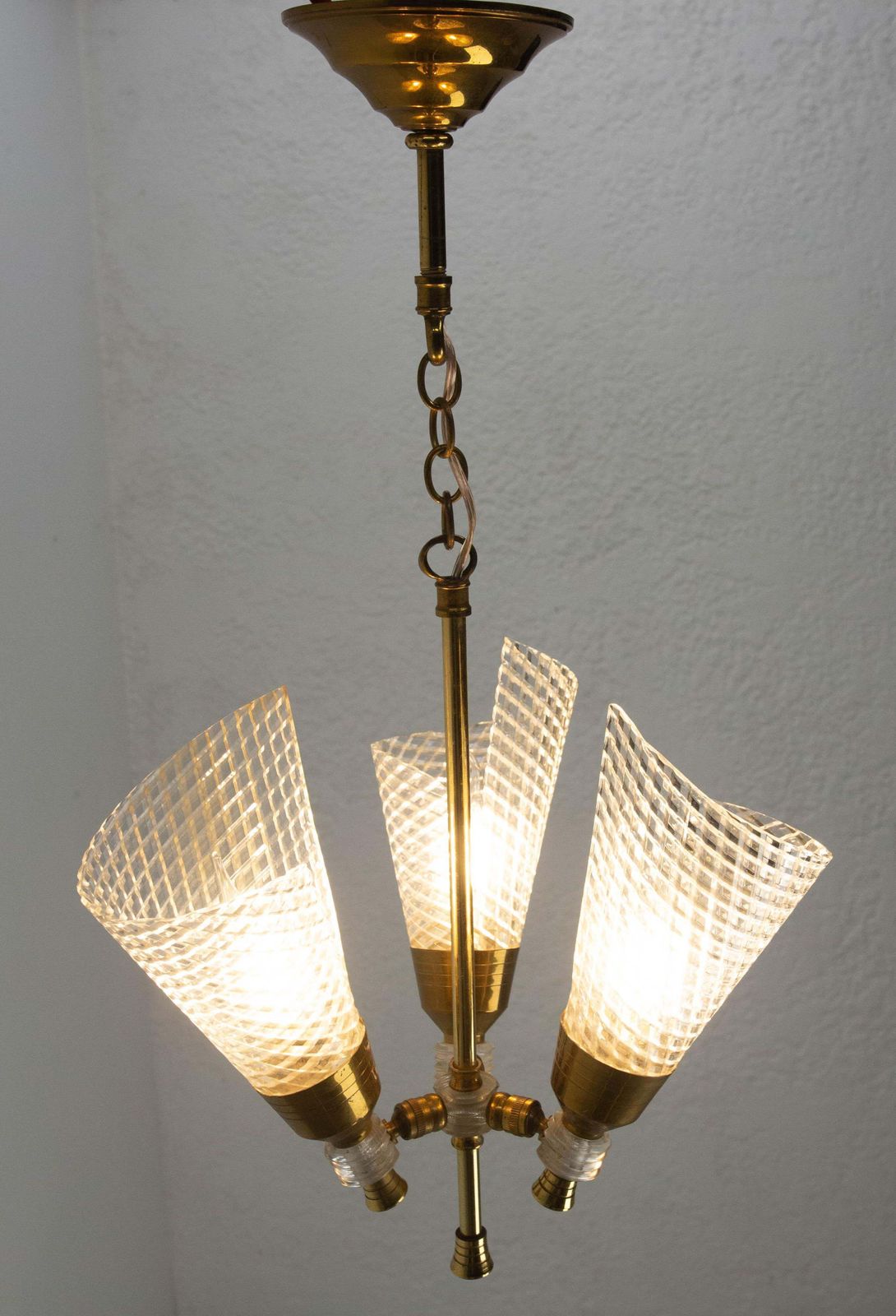 French Ceiling Pendant Glass & Brass Chandelier Lustre Guariche Style Circa 1960 photo Lighting
