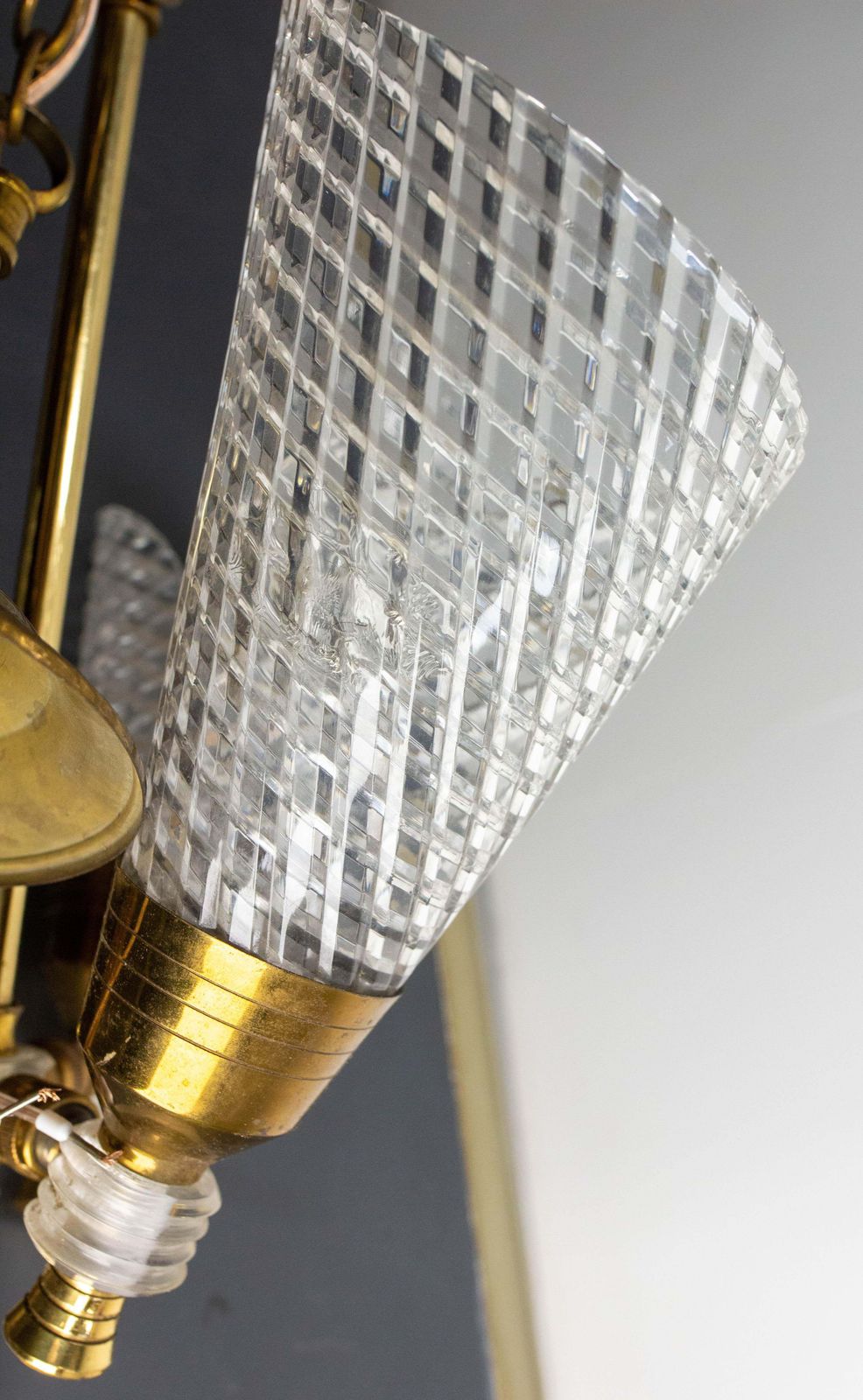 photo vinterior French Ceiling Pendant Glass & Brass Chandelier Lustre Guariche Style Circa 1960