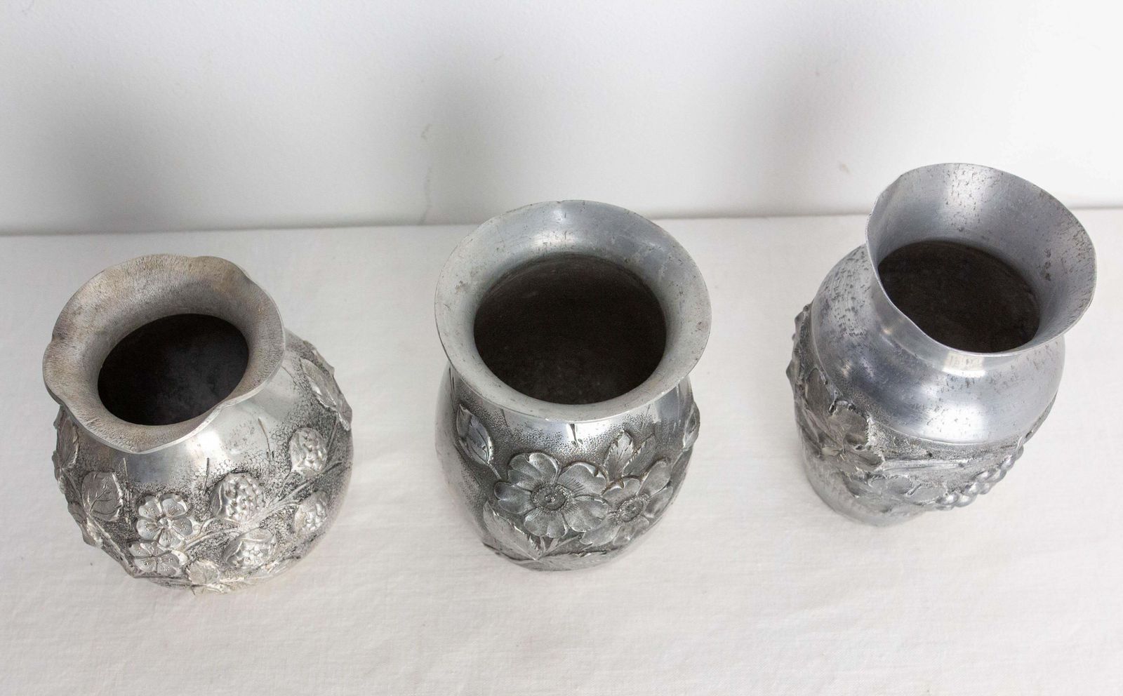 French Set Three Vases Aluminium Vegetal Decoration Circa 1930 photo for sale