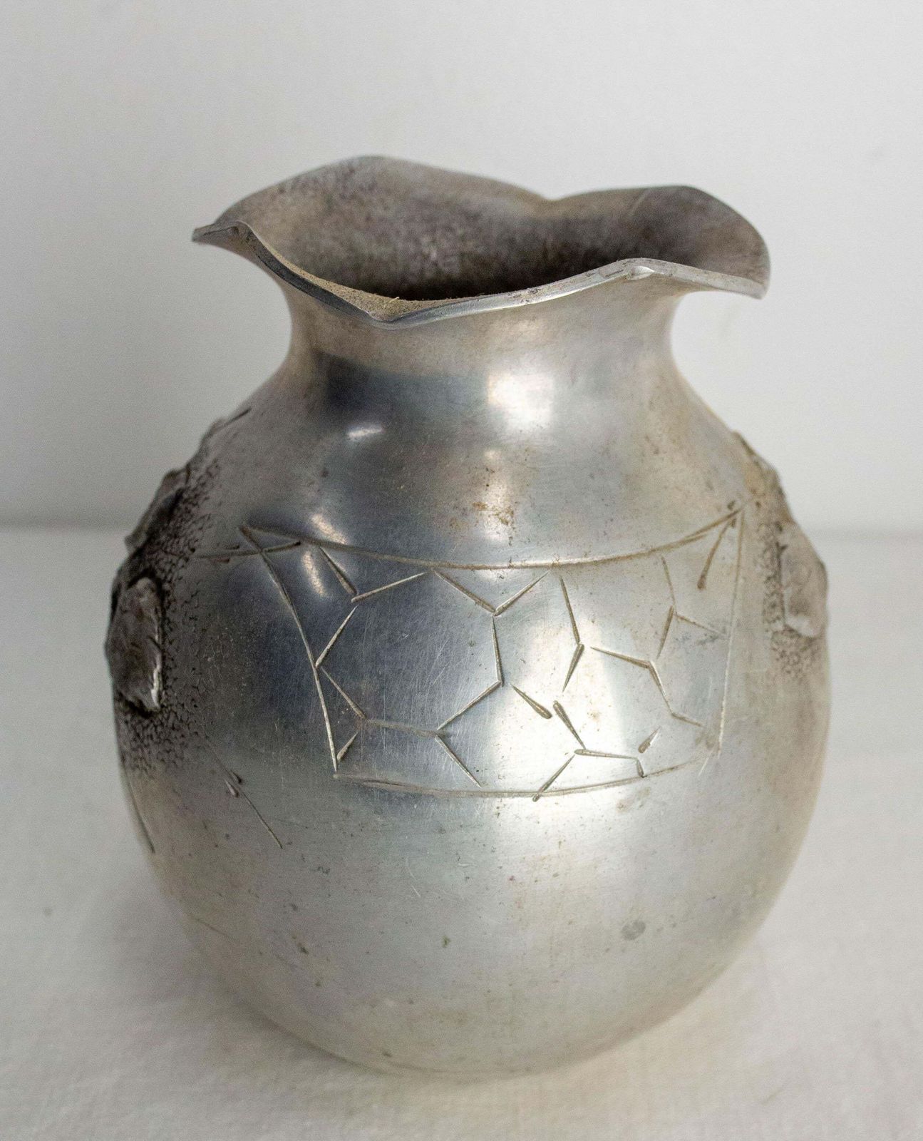 French Set Three Vases Aluminium Vegetal Decoration Circa 1930 photo vinterior
