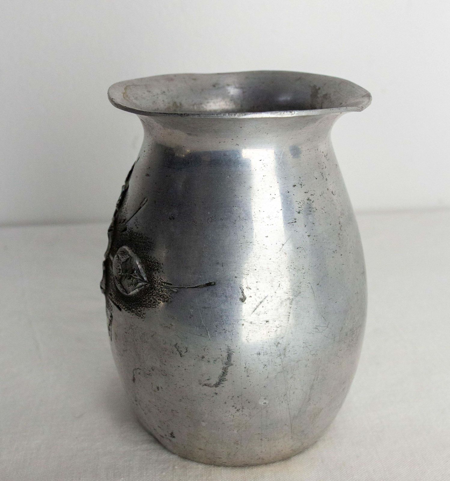 French Set Three Vases Aluminium Vegetal Decoration Circa 1930 photo vintage