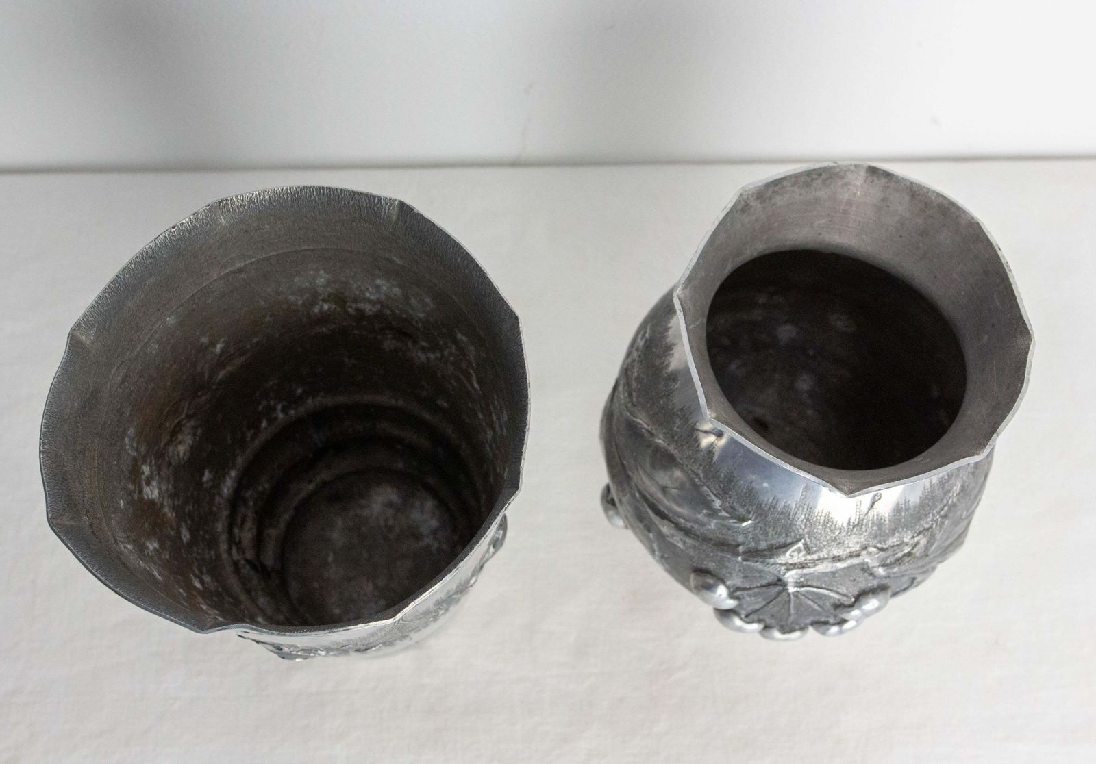 French Set Two Vases Aluminium Embossed Metal Vegetal Decoration Circa 1930 photo Home Decor