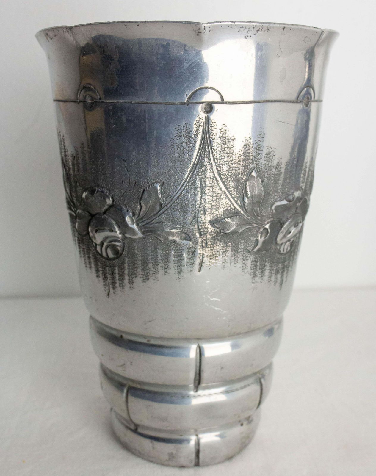 French Set Two Vases Aluminium Embossed Metal Vegetal Decoration Circa 1930 photo 293.0