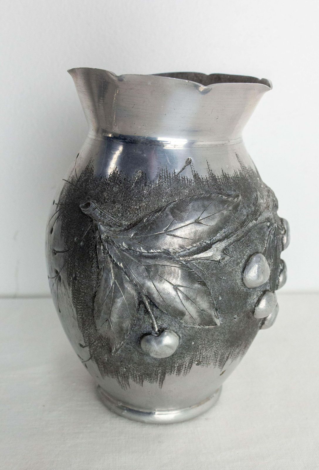 photo furniture French Set Two Vases Aluminium Embossed Metal Vegetal Decoration Circa 1930