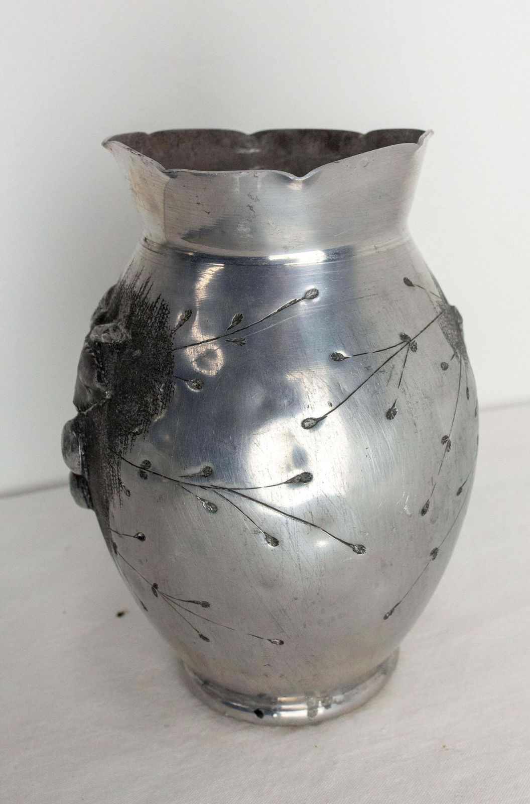Home Decor French Set Two Vases Aluminium Embossed Metal Vegetal Decoration Circa 1930 photo