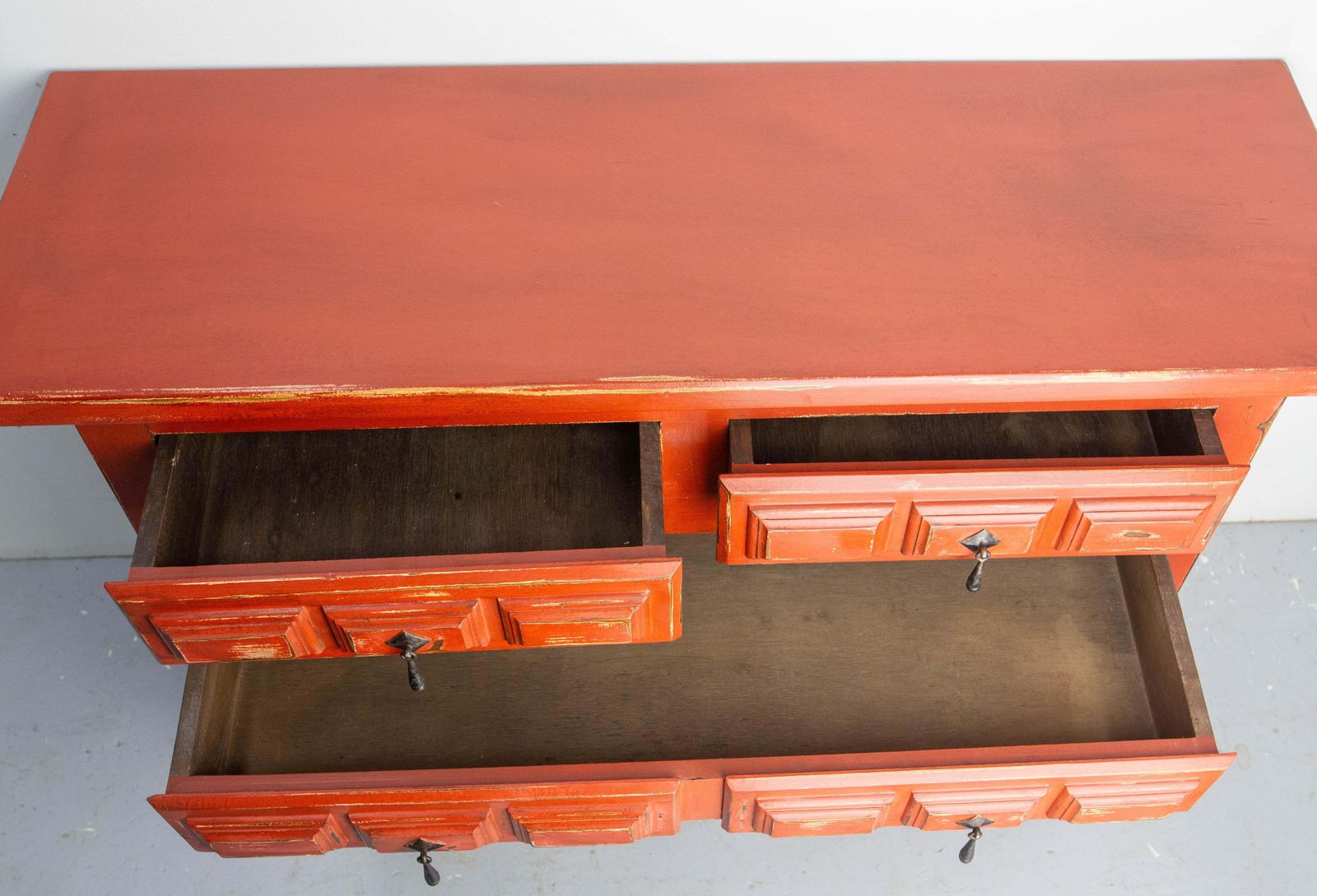 French Commode Or Patinated Red Chest Of Drawers Spanish Style, 20th Mid Century photo vintage