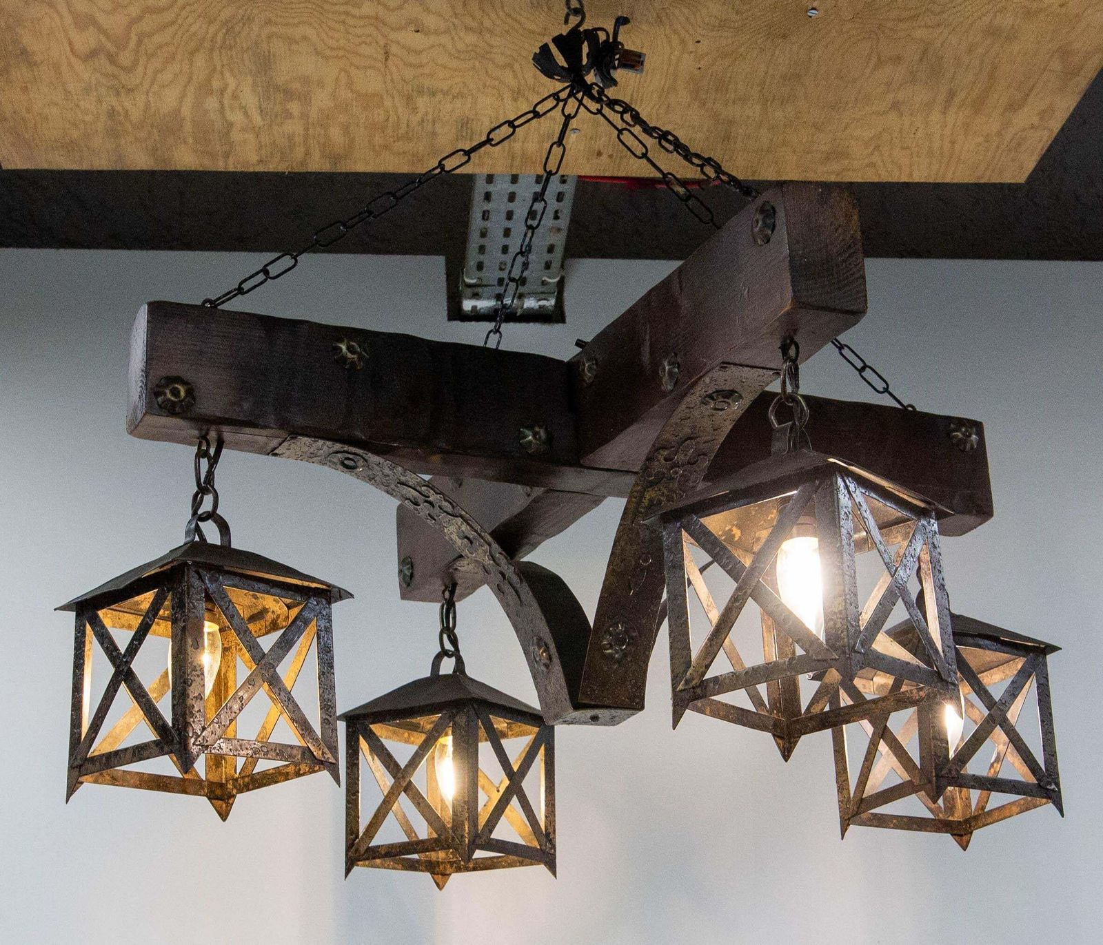 French Chandelier Ceiling Pendant Lustre Spanish Style Oak & Wrought Iron, C1960 photo 1157.0