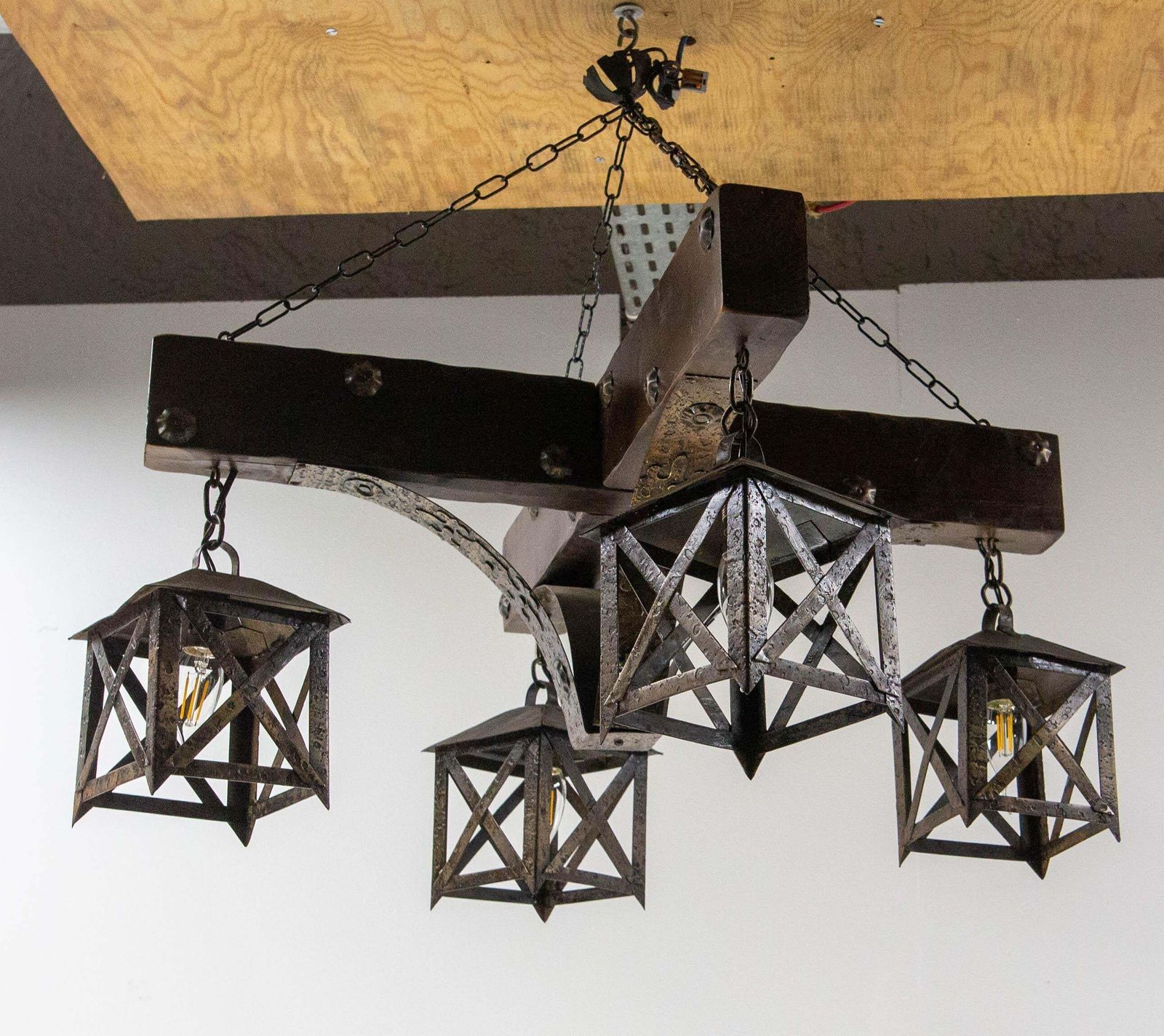 French Chandelier Ceiling Pendant Lustre Spanish Style Oak & Wrought Iron, C1960 photo vinterior