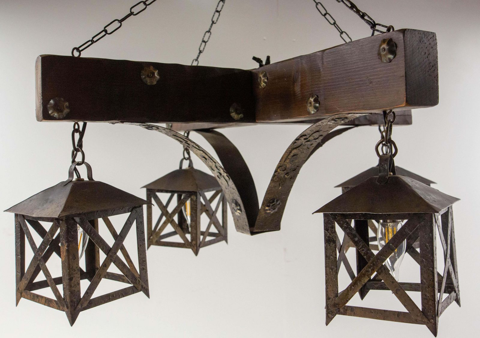 French Chandelier Ceiling Pendant Lustre Spanish Style Oak & Wrought Iron, C1960 photo buy