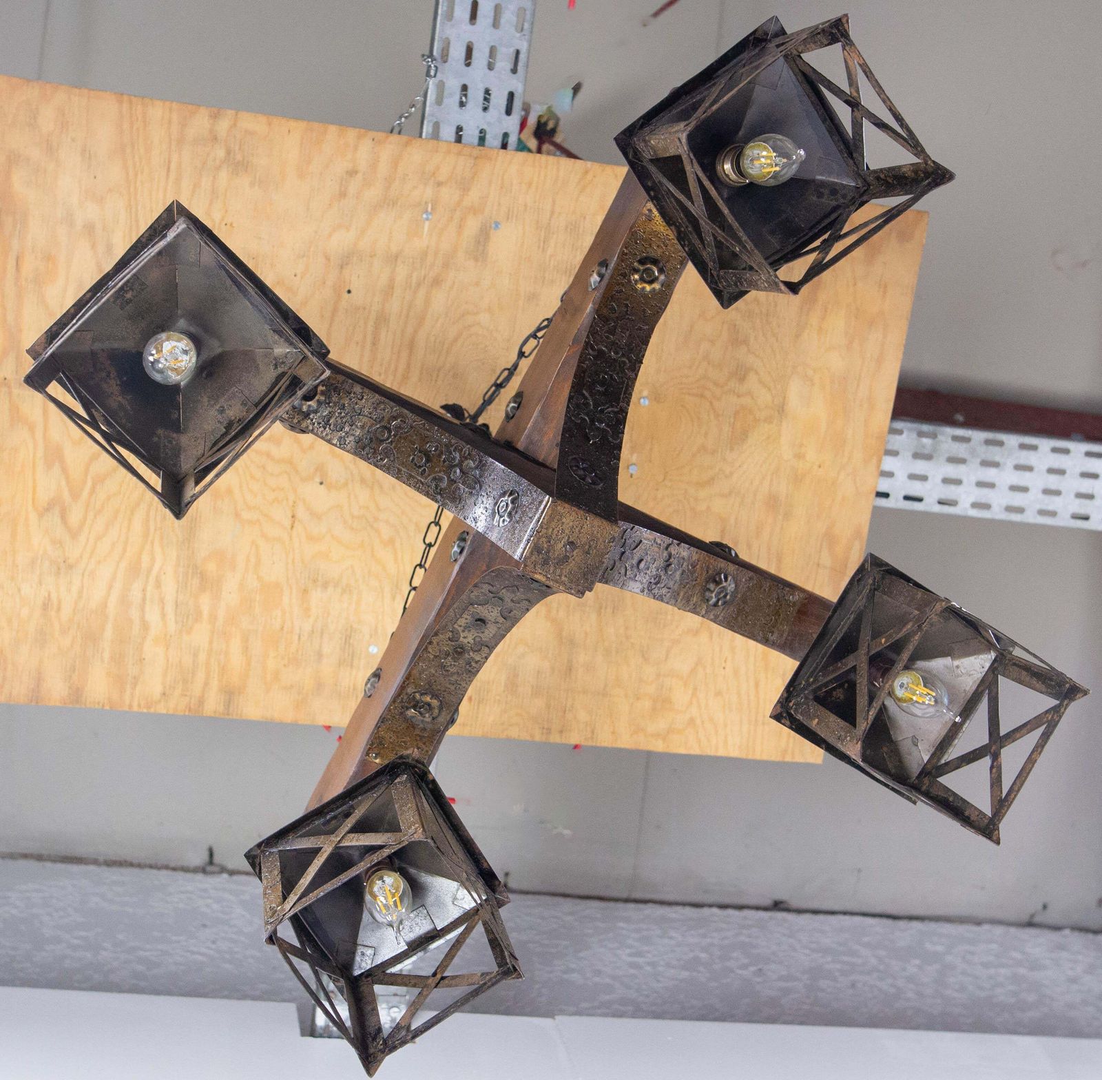 French Chandelier Ceiling Pendant Lustre Spanish Style Oak & Wrought Iron, C1960 photo vintage