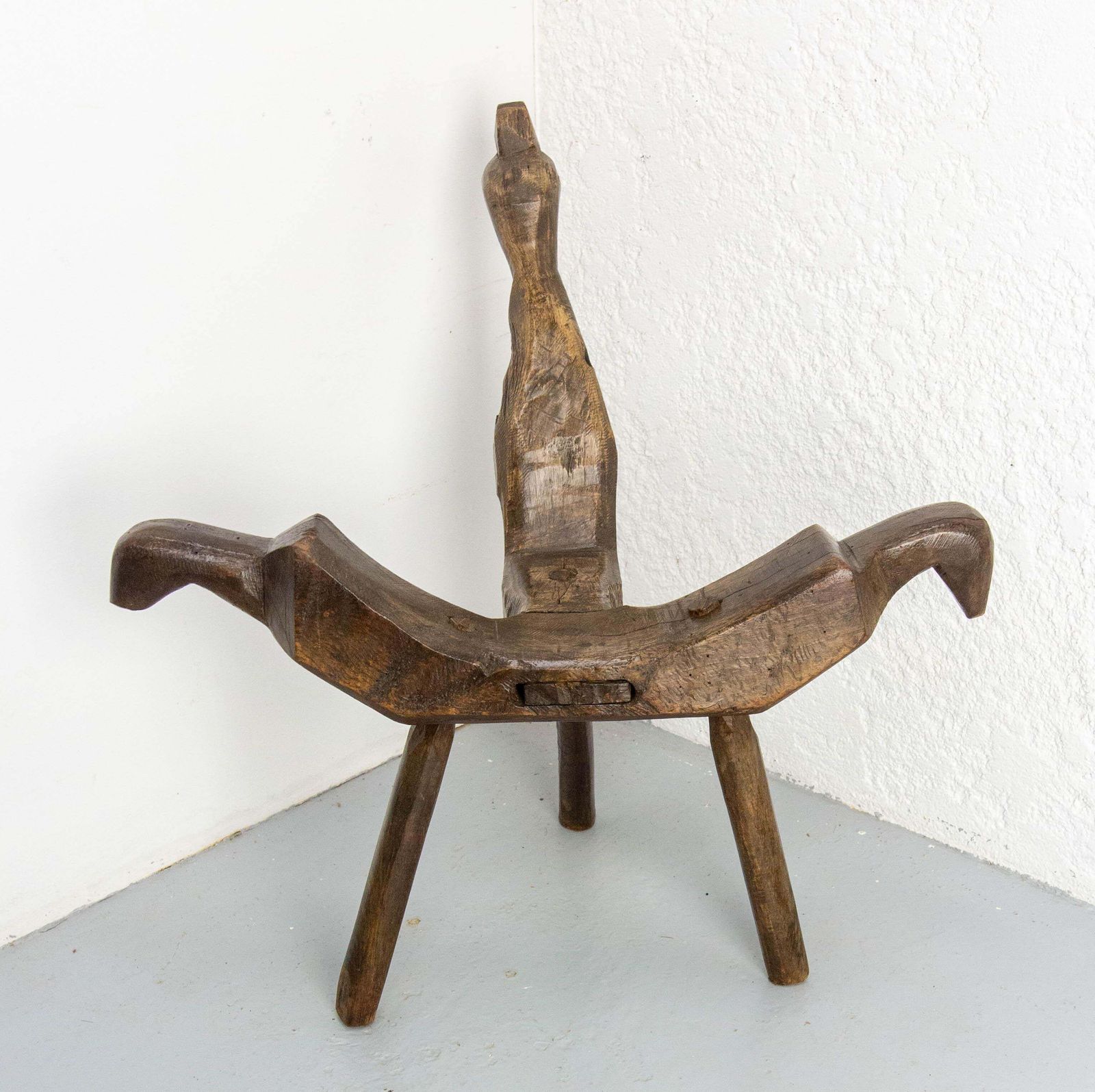 French Tripod Chair Three Legs Wood Figurative Bird 19th Century photo for sale