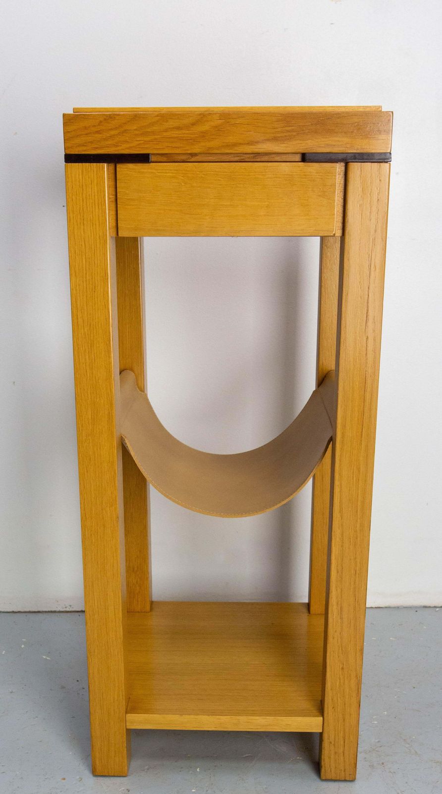 French Oak & Leather Sellette Or Plant Holder, Circa 2000 photo vinterior