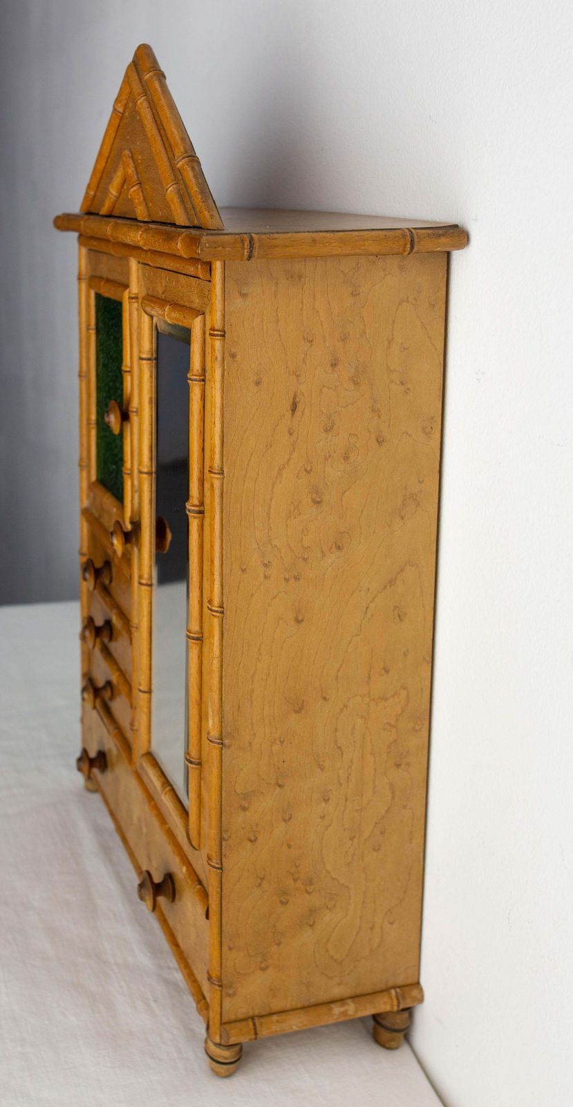 French Elm Burl & Beveled Mirror Doll Wardrobe Bamboo Children Toy, Circa 1900 photo 478.0